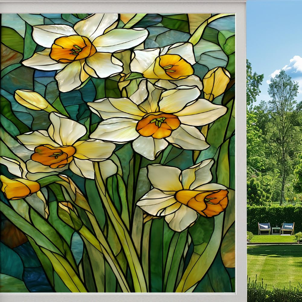 Pmlbaous Colorful Daffodils Frosted Window Film, Natural Flower Plants Rural Stained Glass Privacy Film, Heat Insulation Self-Adhesive Vinyl For Bathroom Office, （80X140cm）