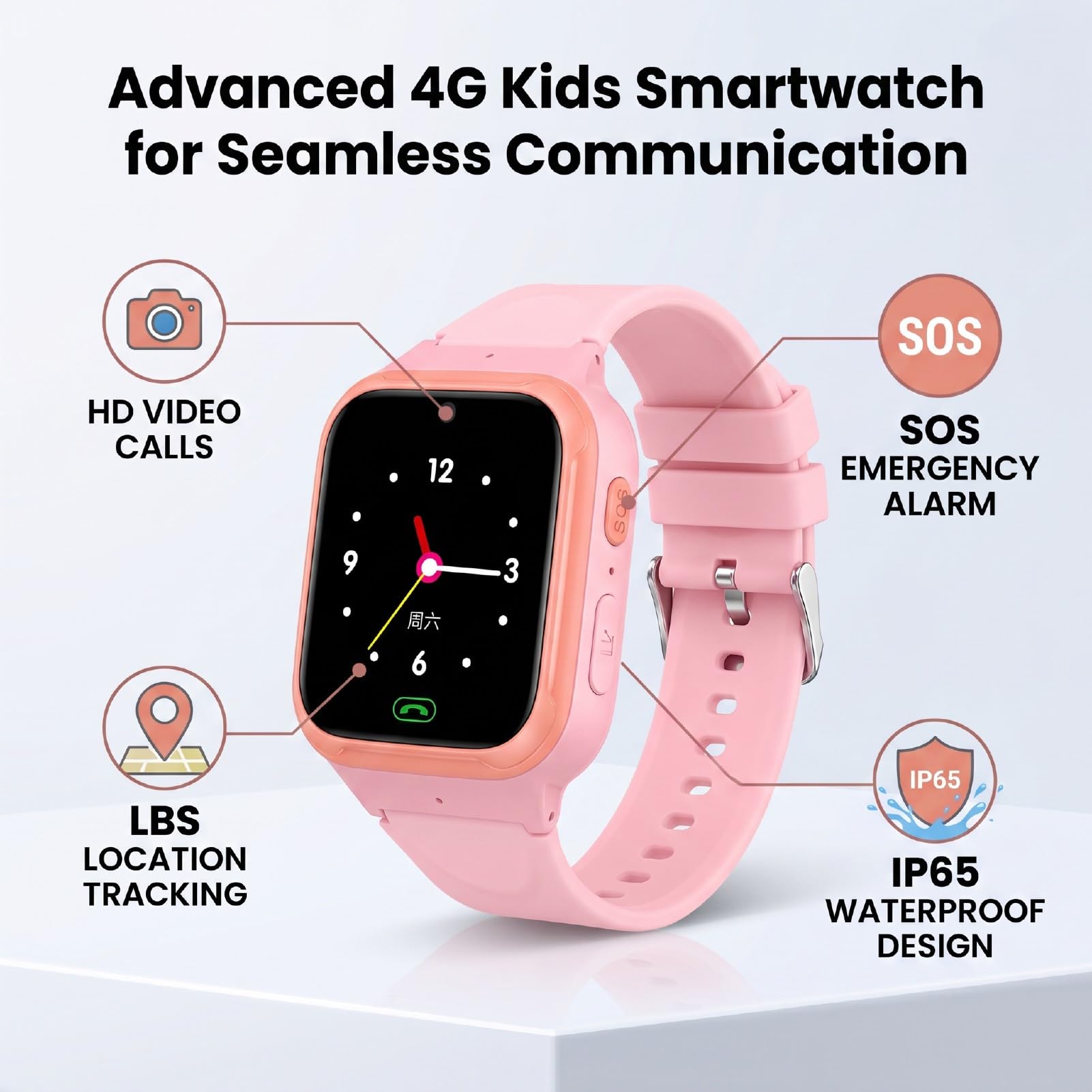 Diyeeni Smartwatch per Bambini 4G Touch Screen da 1,44 Pollici IP65 Videochiamata Impermeabile Posizione LBS Allarme SOS Smartwatch per Bambini con Fotocamera e WiFi (PINK)