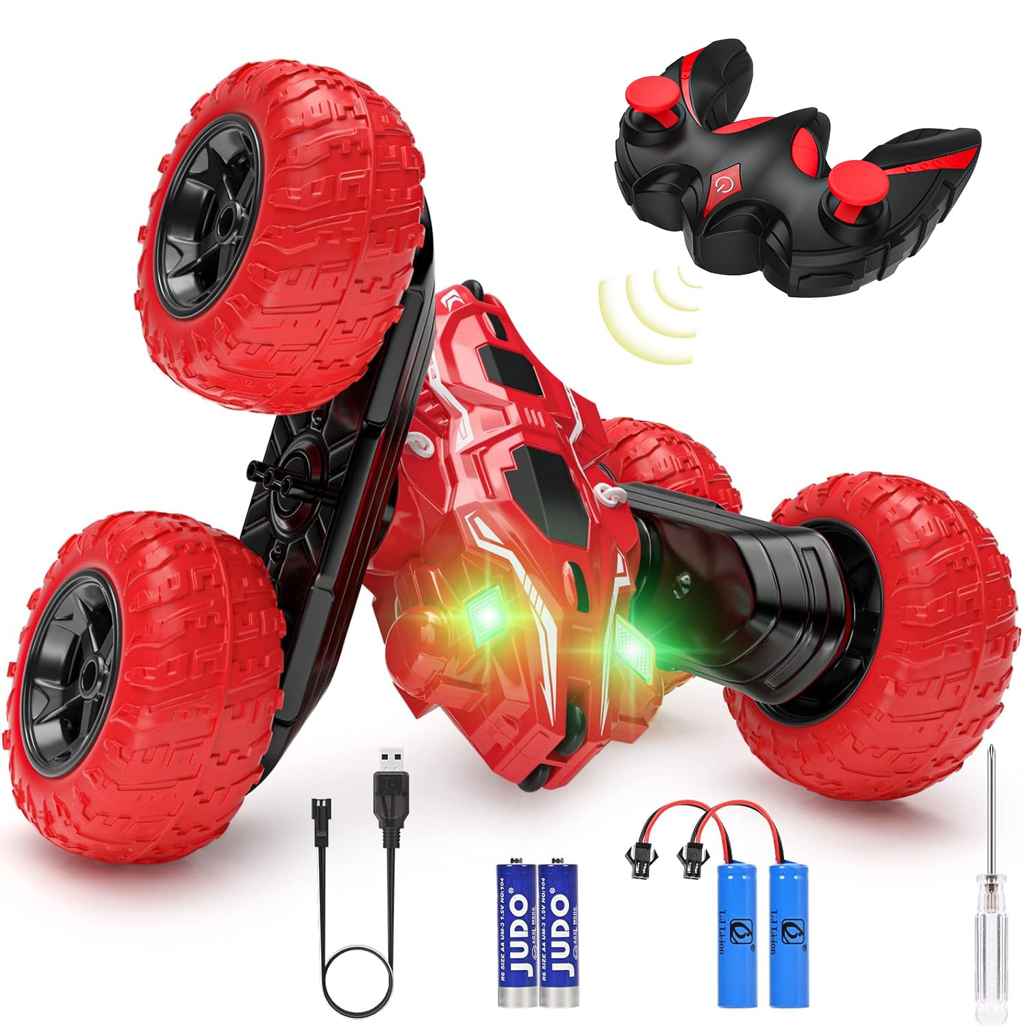 DDULEOG Coche Teledirigido 4WD 2.4 GHz Coches Teledirigidos Niños con luz LED, 360°de Rotación la Deriva Coche RC para Interiores, Exteriores, Césped, Regalos de Juguete para 6+ Años（Rojo）