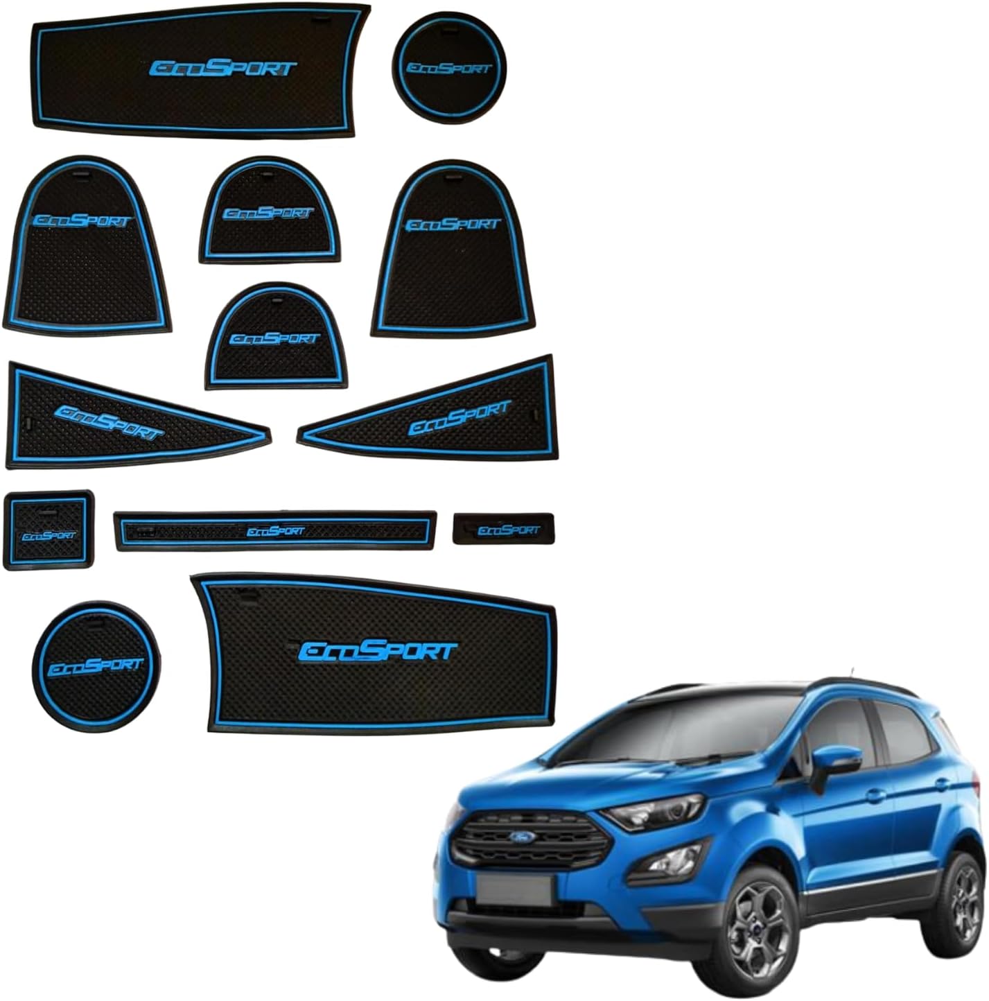 Car Drome | Door Cup Mat Set for Ford EcoSport 2018 to 2021 Models Only | Premium Non Slip Rubber Inserts | Custom Fit 13 Pieces | Blue Trim Interior Accessories | Dustproof Waterproof