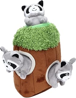 Cyrank Hide and Seek Dog Toy, Raccoon Tree House Dog Puzzle Toys Squeaky Plush Dog Game Toys for Puppy and Small Dog