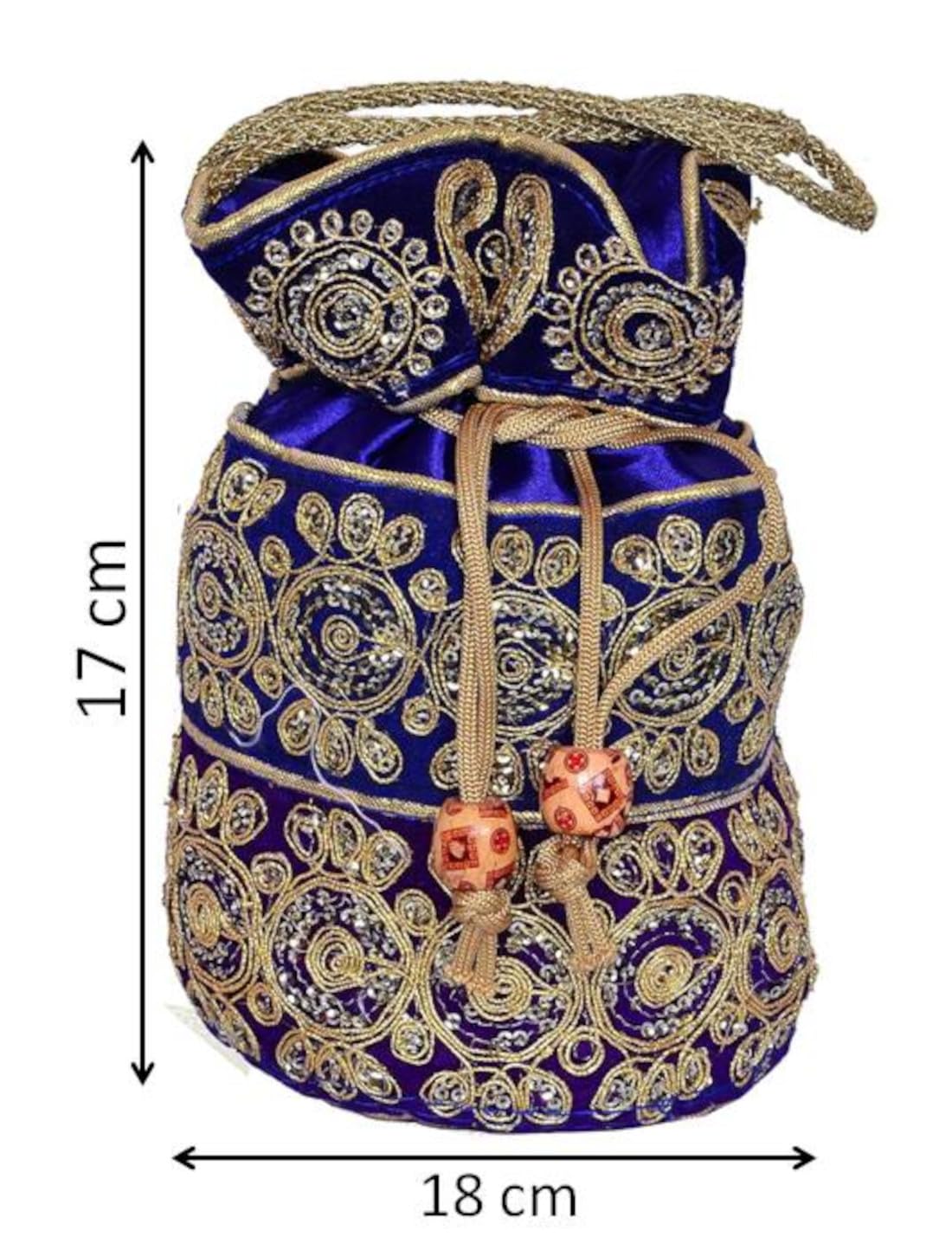 Purpledip Potli Bag (Clutch, Drawstring Purse) For Women With Intricate Gold Thread & Sequin Embroidery Work, Royal Blue Color (10536) - Image 3 thumbnail