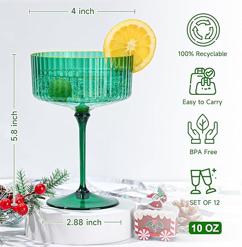 Miniatura 2 de 24 vasos de plástico Champagne Coupé de 10 onzas desmontables con borde dorado Martini, copas de cupé acanaladas verdes, vasos vintage de Margarita,