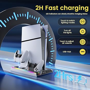 Fenolical PS5/Slim/Pro Stand with Adjustable Cooling Fan, Vertical PS5 Cooling Charger Stand for PS5/Slim/Pro, Multifunctional PS5 Slim Cooling Station with Dual Controller Chargers and RGB Light