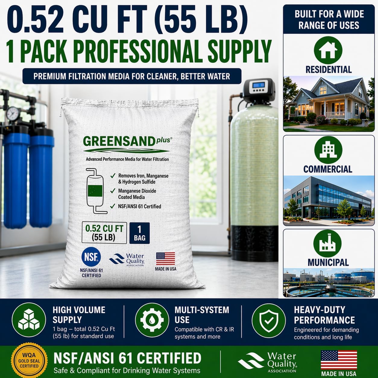 Greensand Plus Filter Media – 0.52 Cu Ft (55 lb) – NSF/ANSI 61 Certified – Iron, Manganese & Hydrogen Sulfide Reduction – Manganese Dioxide Coated Filtration Media for Well Water Systems