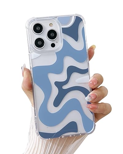 Ginkgonut Compatible with iPhone 13 Pro Max Case, Fashion Simple Cute Wavy Pattern Case for Women Girls Soft TPU+Hard PC Protection Case for iPhone 13 Pro Max-Blue - Blue - iPhone 13 Pro Max
