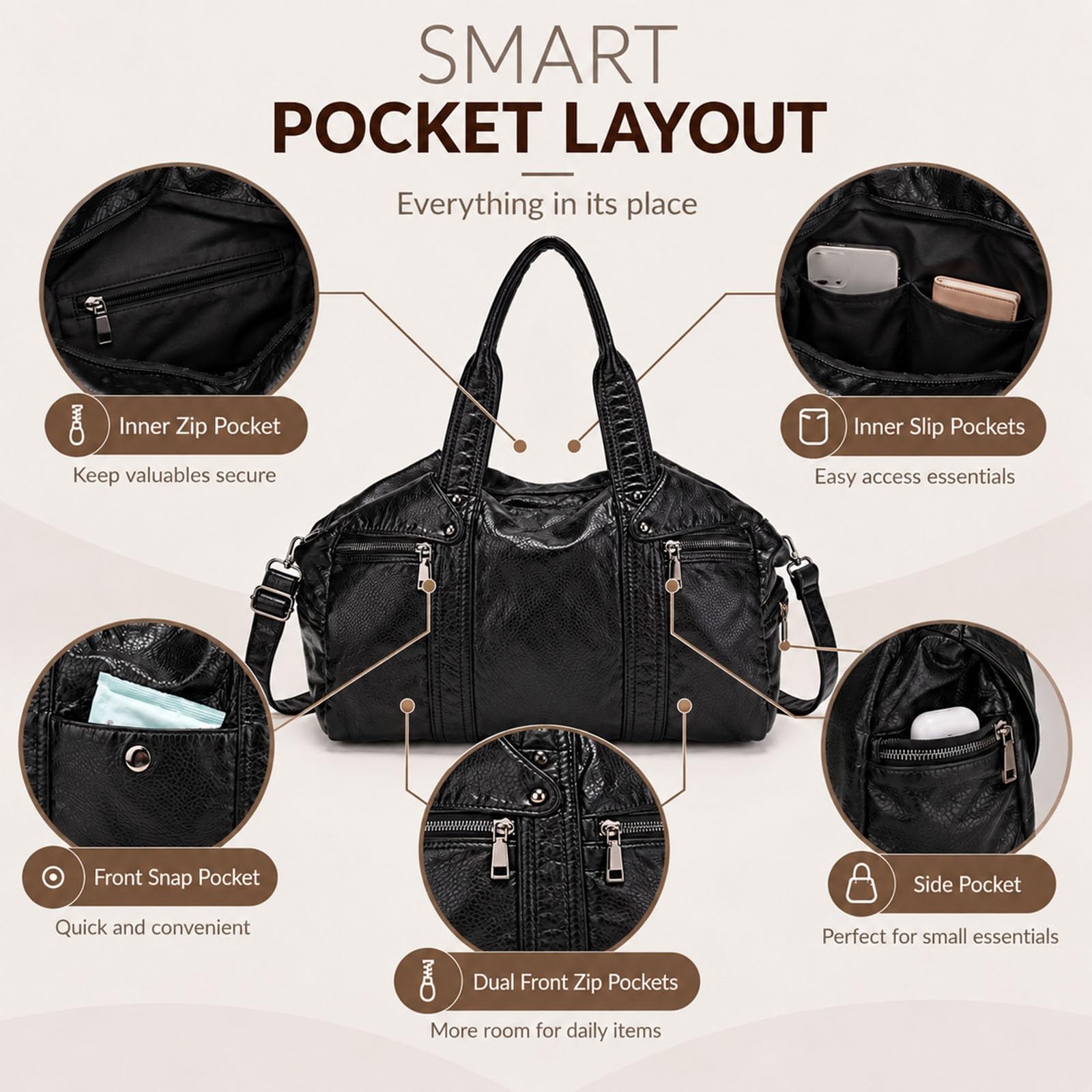 Bolso Mujer Grande, Vintage City Bag Y2K de Cuero PU, Tote Bag Hobo