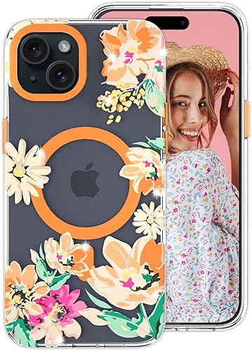 YeLoveHaw Funda magnética transparente para iPhone 15 Plus para mujeres y niñas, con purpurina y bonito patrón floral morado compatible con MagSafe,