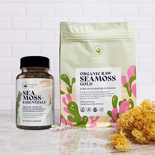 Gold Sea Moss Superfood Bundle - Cápsulas orgánicas de musgo marino crudo e irlandés, vejiga y raíz de bardana