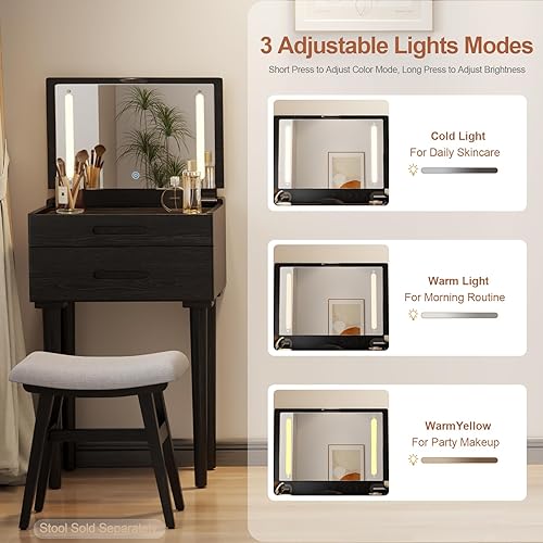 Miniatura 7 de Escritorio pequeño de madera maciza con espejo y luces, tocador de maquillaje estrecho para espacios pequeños, mesa auxiliar de tocador abatible, 3