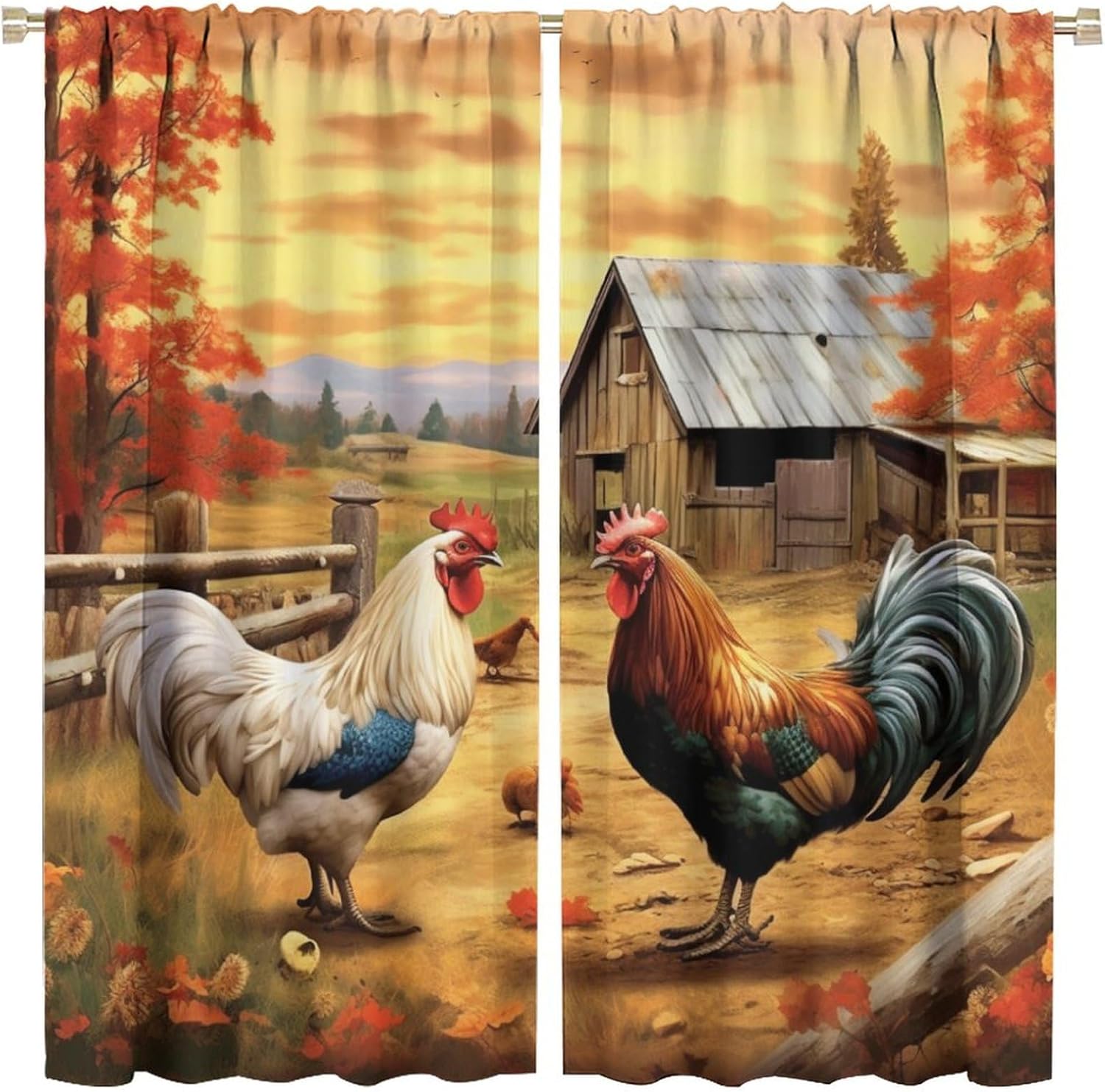 Vintage Farm Rooster Curtains - Sunset Country Geometry Art Spring Farm Animal Rooster Dark Blackout Curtains 2 Panels 42x45in Heat Insulation Rod Pocket