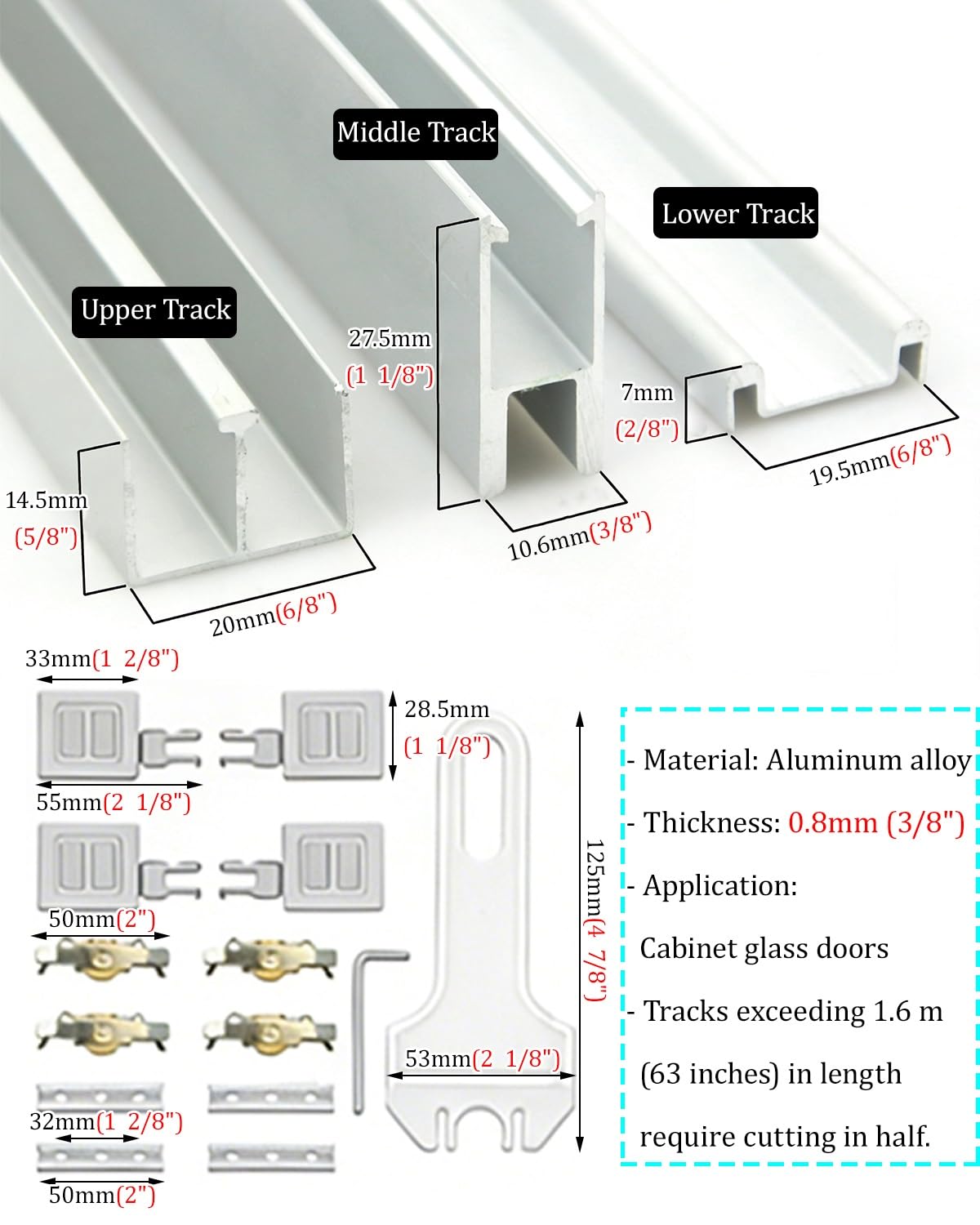 Rail Porte Coulissante Rail de Porte Coulissante en Verre pour Armoire (60, 80, 90, 100, 120 cm), Kit de Quincaillerie pour Porte de Vitrine (2 Portes), Profilé en U(Silver,170cm/66.9inch)
