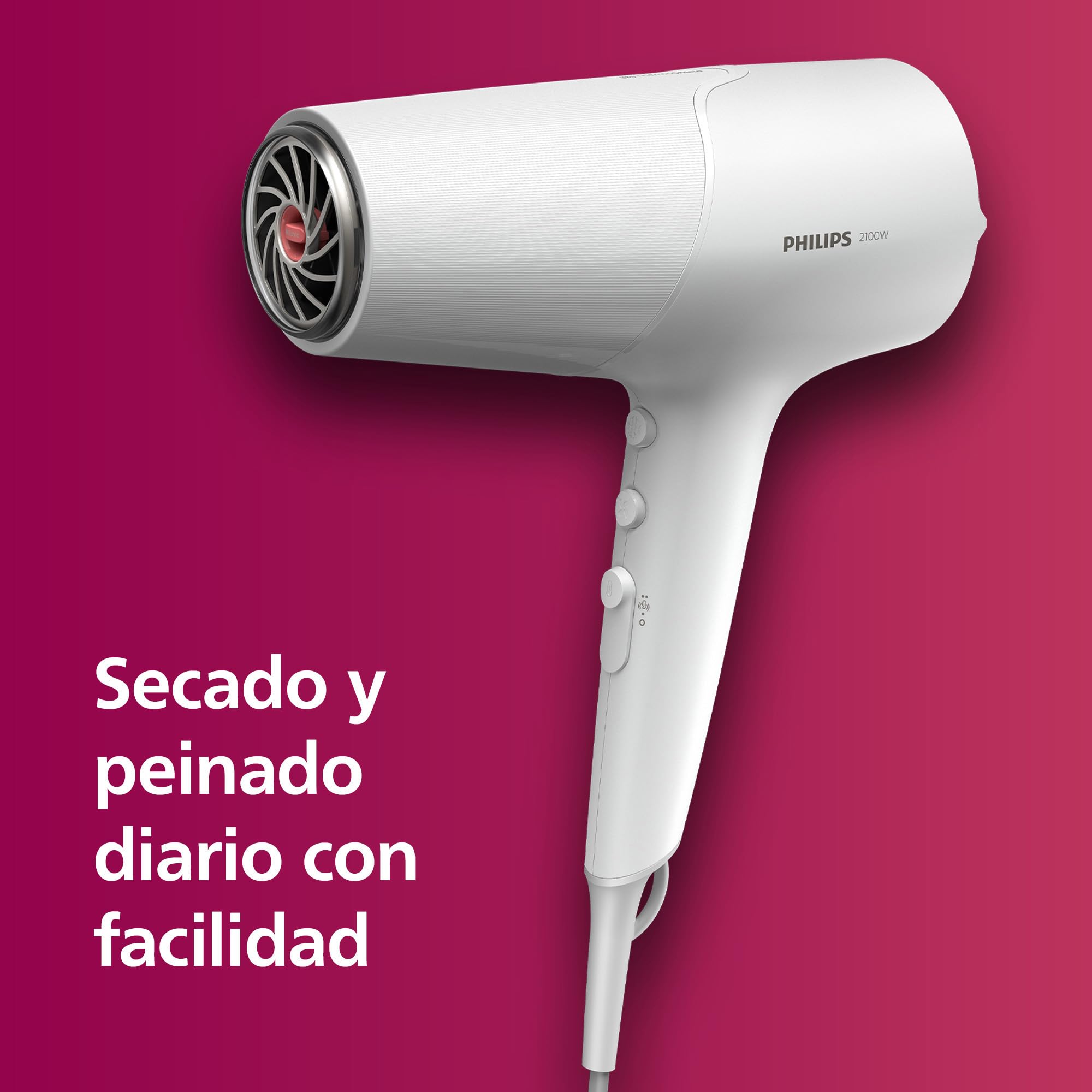 Philips Secador de Pelo Serie 5000, 2100w, con Tecnología ThermoShield, Boquilla UltraEstrecha, Boquilla Estrecha y Disfusor, BHD500/20, Blaco Satinado