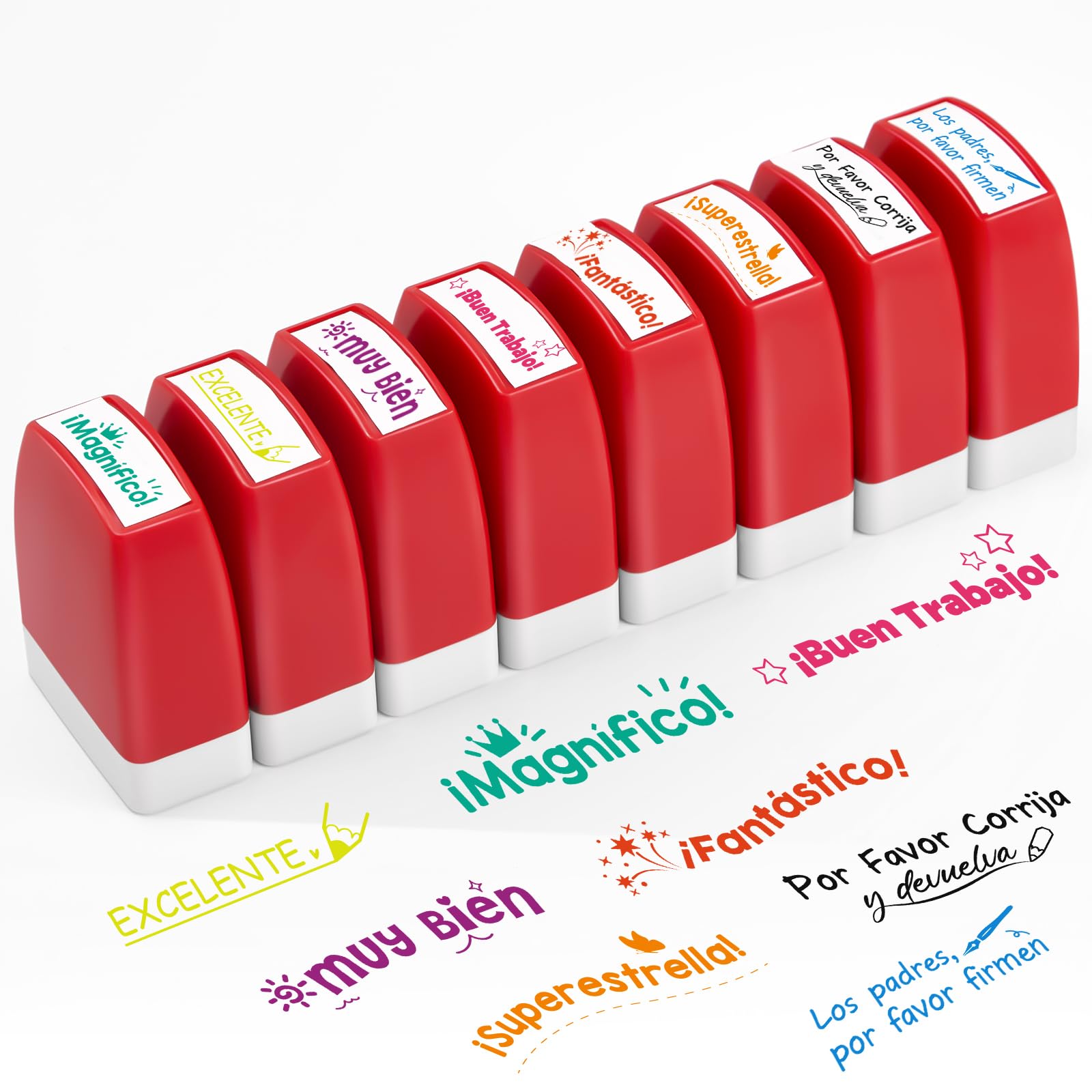 Qilery 8 Pcs Teacher Stamp Spanish Grading Gifts Rubber Self Inking Motivation for School Spanish Classroom Grading Stamp Kids School Prizes(Red,