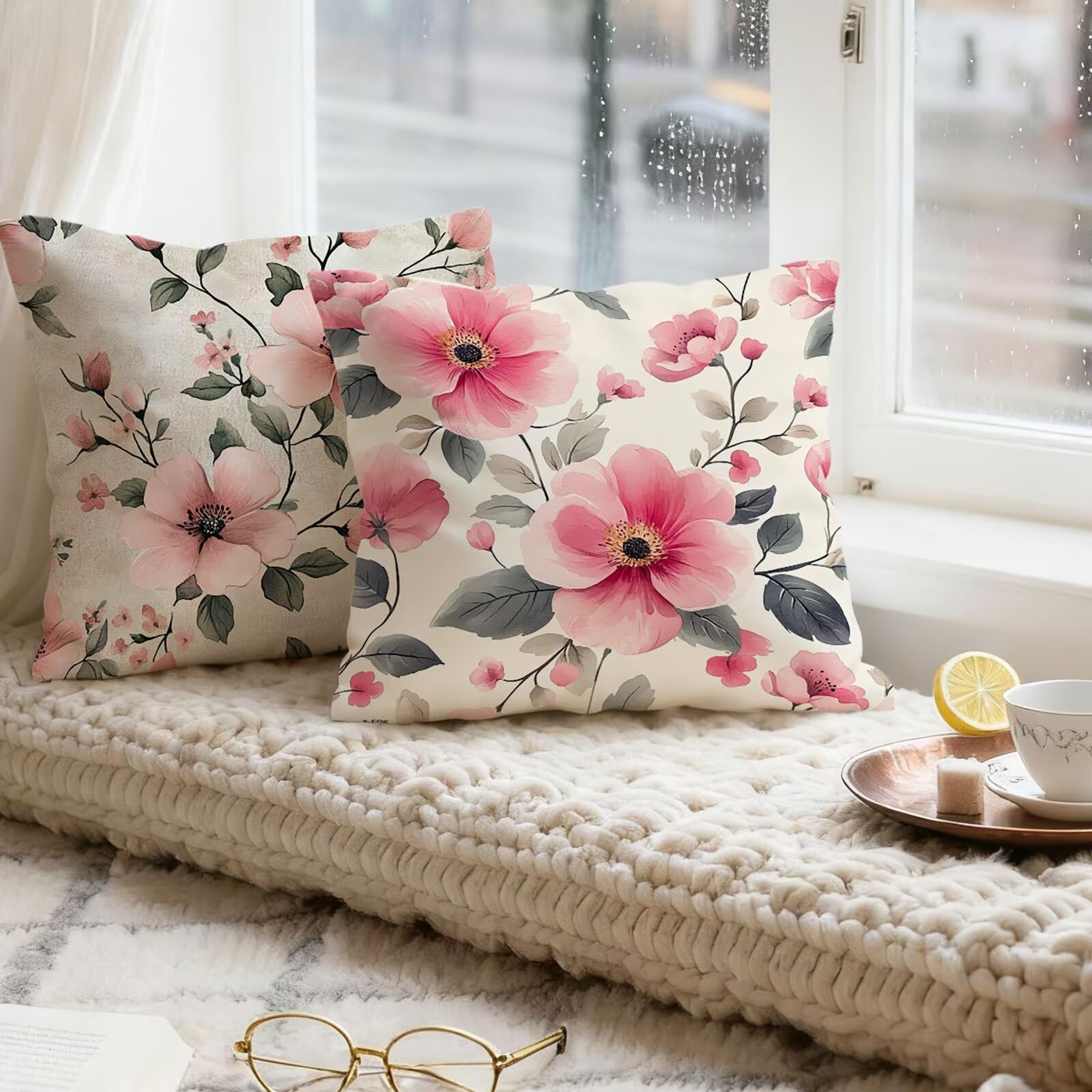 Rose Housse Coussin 60x60 Fleur Taie Oreiller 60x60 Lot de 4 Super Doux Protege Oreiller 60 x 60 Decoration Automne Taie D'oreiller Carrées Coussin Canape, pour Maison Chambre Canapé Chaise E - 269
