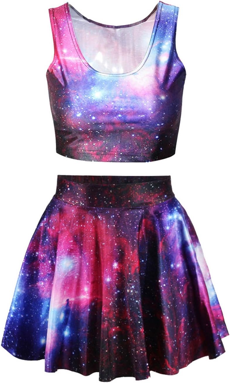 Women's Galaxy Print Crop Tank Top Skater Skirt 2 Pieces Set Dress Purple
