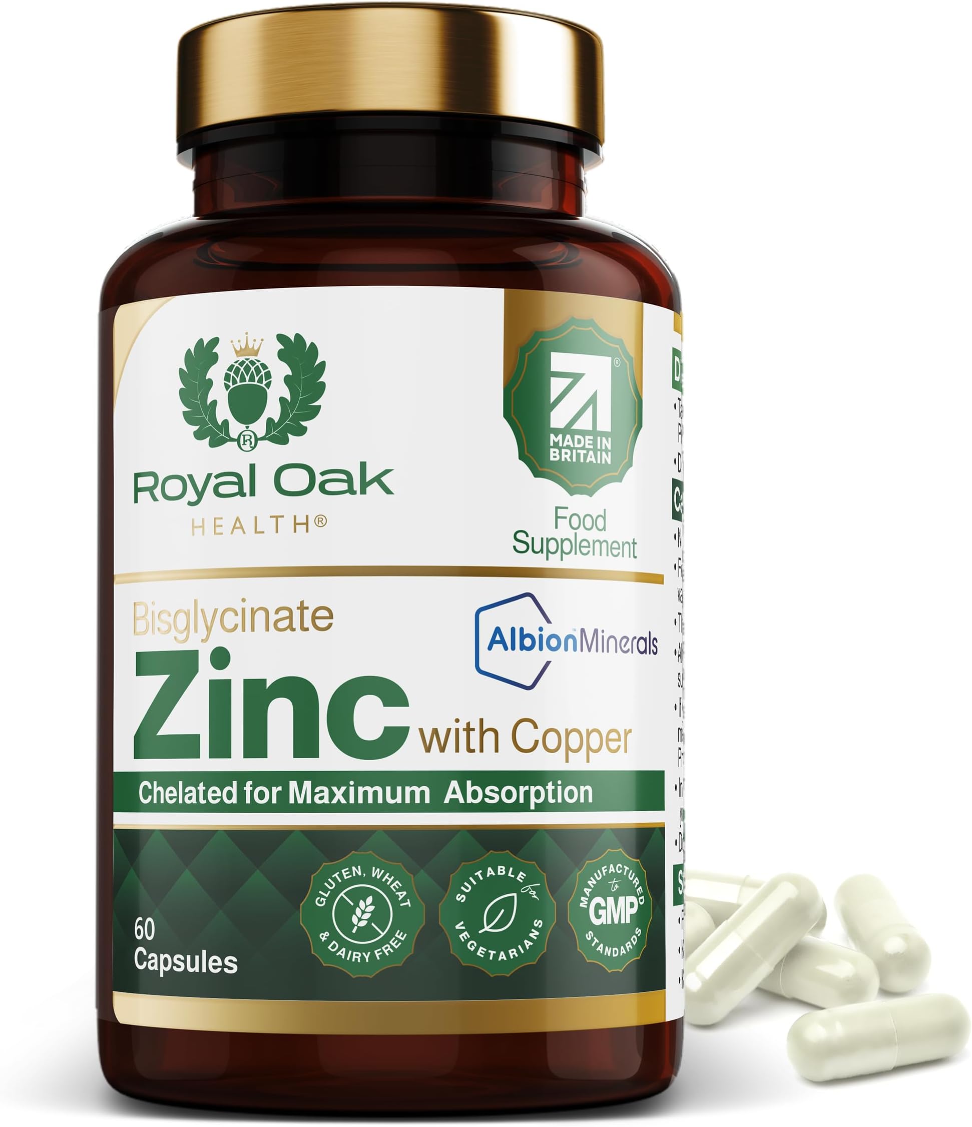 Zinc Bisglycinate 25mg with Copper (Albion Chelated) x60 Capsules (2 Month Supply) High Strength Zinc Supplement for Men & Women. UK Made By Royal Oak Health