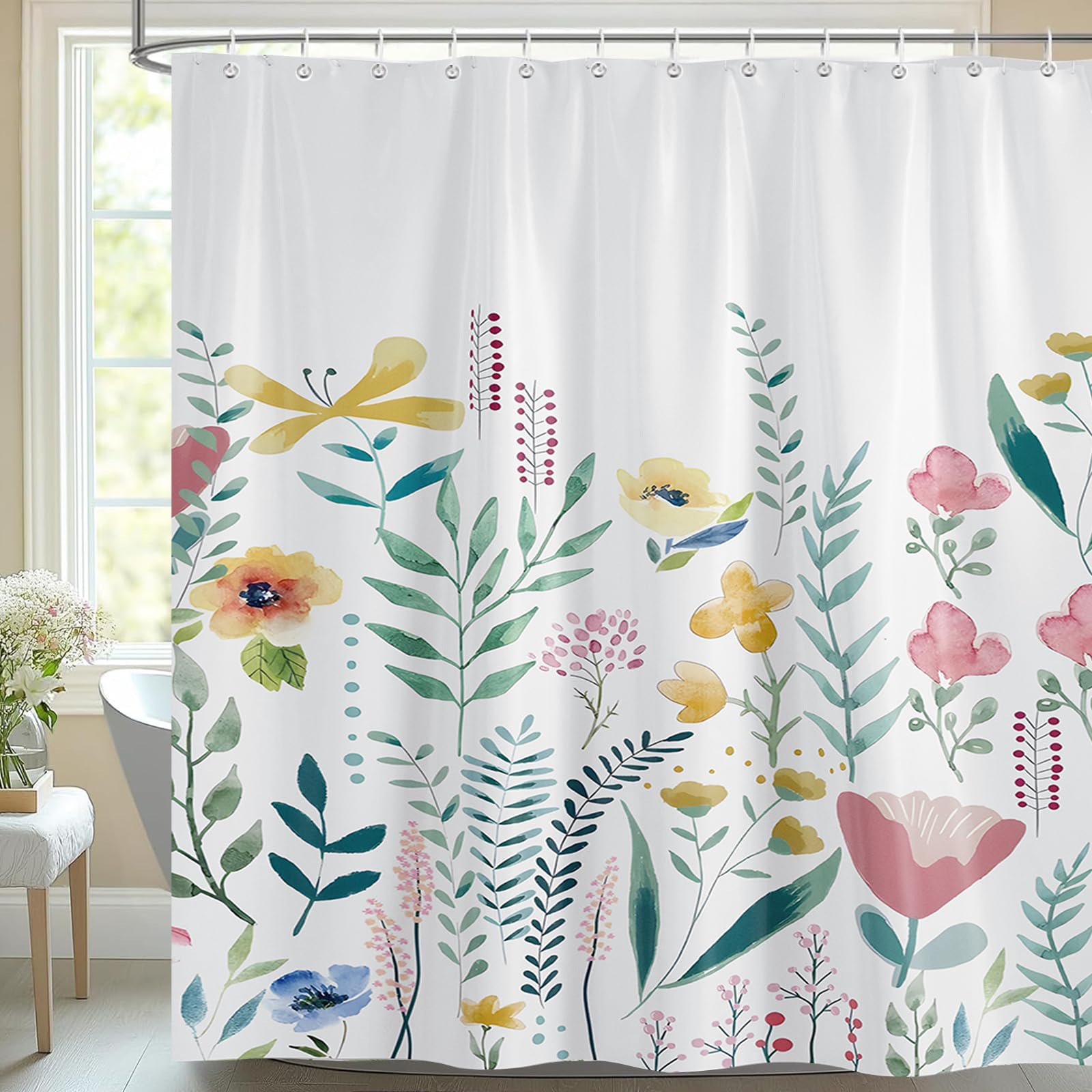 Shower Curtain White Mould Proof Resistant Waterproof Flower Bathroom Curtains with 12 hooks Quick-Drying Weighted 180x180cm (71x71Inch) Polyester Shower Curtains for Bathroom Wet Room Tub
