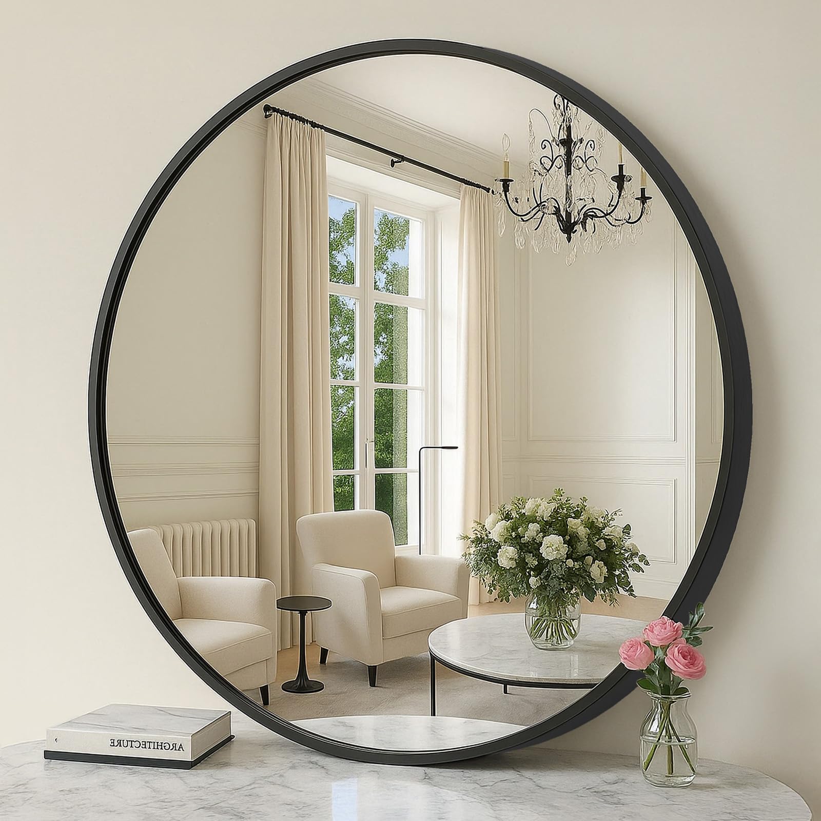 SONGMICS Round Mirror, 61 cm Bathroom Mirror for Wall, Metal Frame,Modern Wall Mirror for Bathroom, Living Room, Bedroom, Entryway, Hallway, Ink Black LWM102BD03