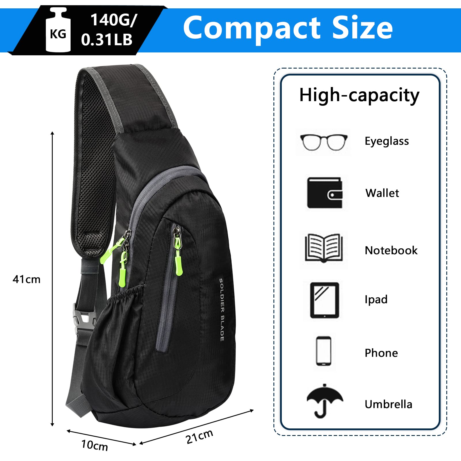 Sac de Poitrine Homme Bandoulière Léger Étanche Sling Petit Sac à Dos pour Randonnée Cyclisme Camping Voyager en Plein Air - Noir