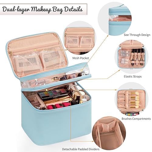 Miniatura 4 de OCHEAL Bolsa de maquillaje grande, bolsa de maquillaje de doble capa, estuche de cosméticos de almacenamiento vertical para mujeres o niñas con