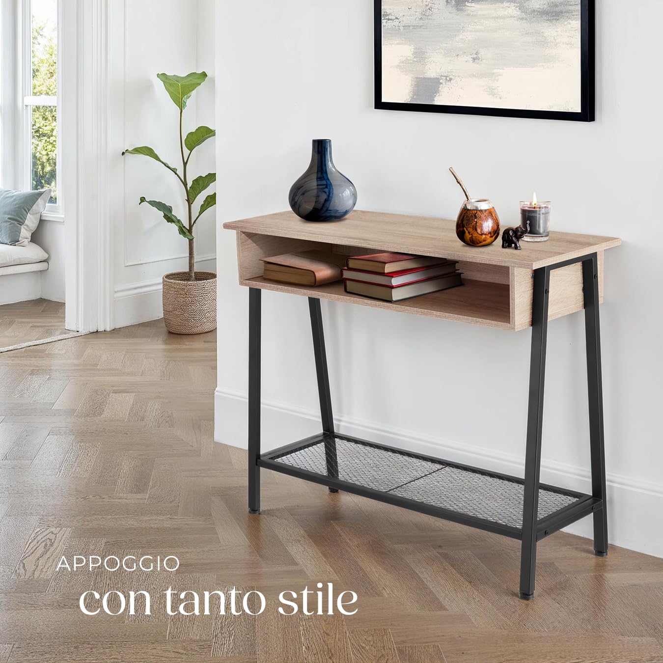 tectake® Tavolo Console, Struttura in Acciaio, Piano in Legno, Ripiano in Reticolato, Piedi Regolabili, Mobile Ingresso, Stile Industriale, Design Moderno - Industriale Legno Chiaro, Rovere Sonoma
