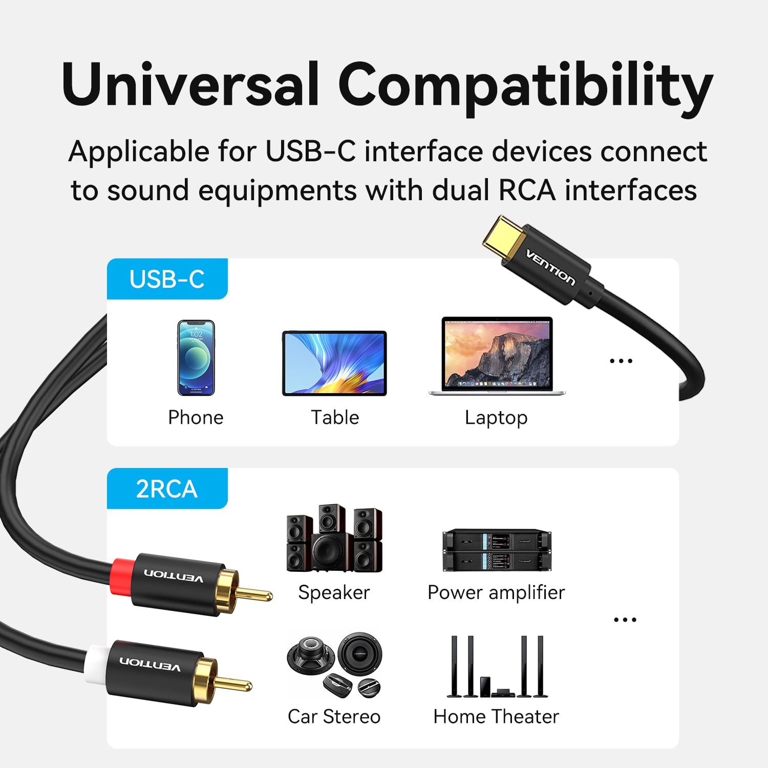 VENTION Cavo audio da USB C a 2X RCA Cavo adattatore stereo di tipo C a 2RCA,doppio cavo con spina RCA a Y per telefono,tablet,altoparlante,amplificatore,DVD,TV(3.28FT/1Metro) (6.56FT/2Meter)