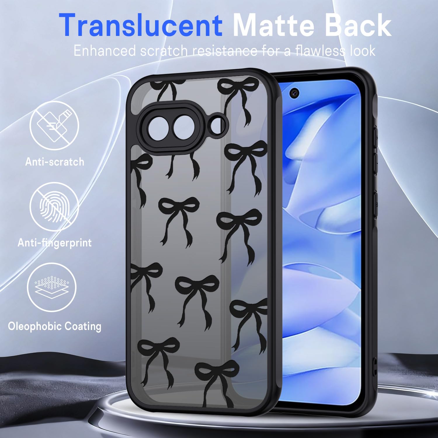 TUUTPU Cover per Google Pixel 9A, Custodia Traslucida Opaca Matte con Aesthetic Disegno Fiocco Posteriore Hard PC con Bumper Silicone TPU Ultra Sottile Antiurto Protettiva Caso, Nero