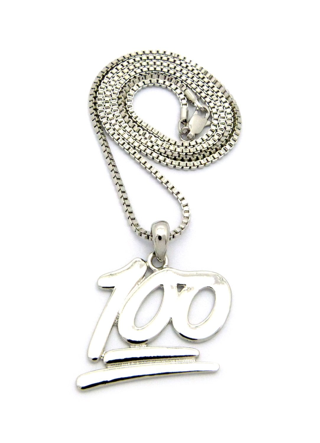 Solid Perfect Score 100 Emoji Pendant 2mm 24" Box Chain Necklace
