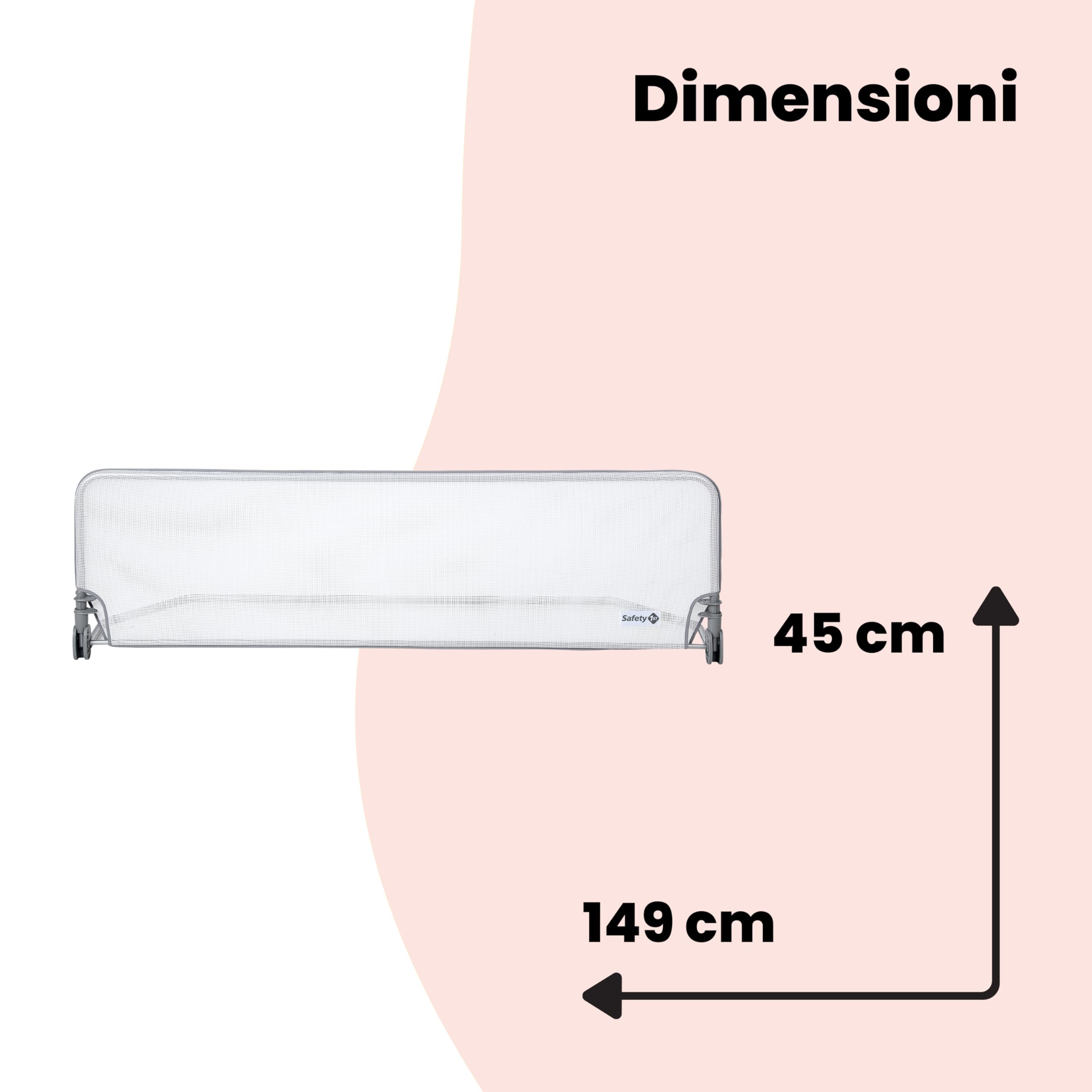 Safety 1st Barriera Letto Bambini 150 cm, Sponda 18 Mesi - 5 Anni, Sbarra Letto Bambini Reclinabile, Paracolpi Tessuto in Rete, Blocco Automatico, Semplice da Pulire, Bianco