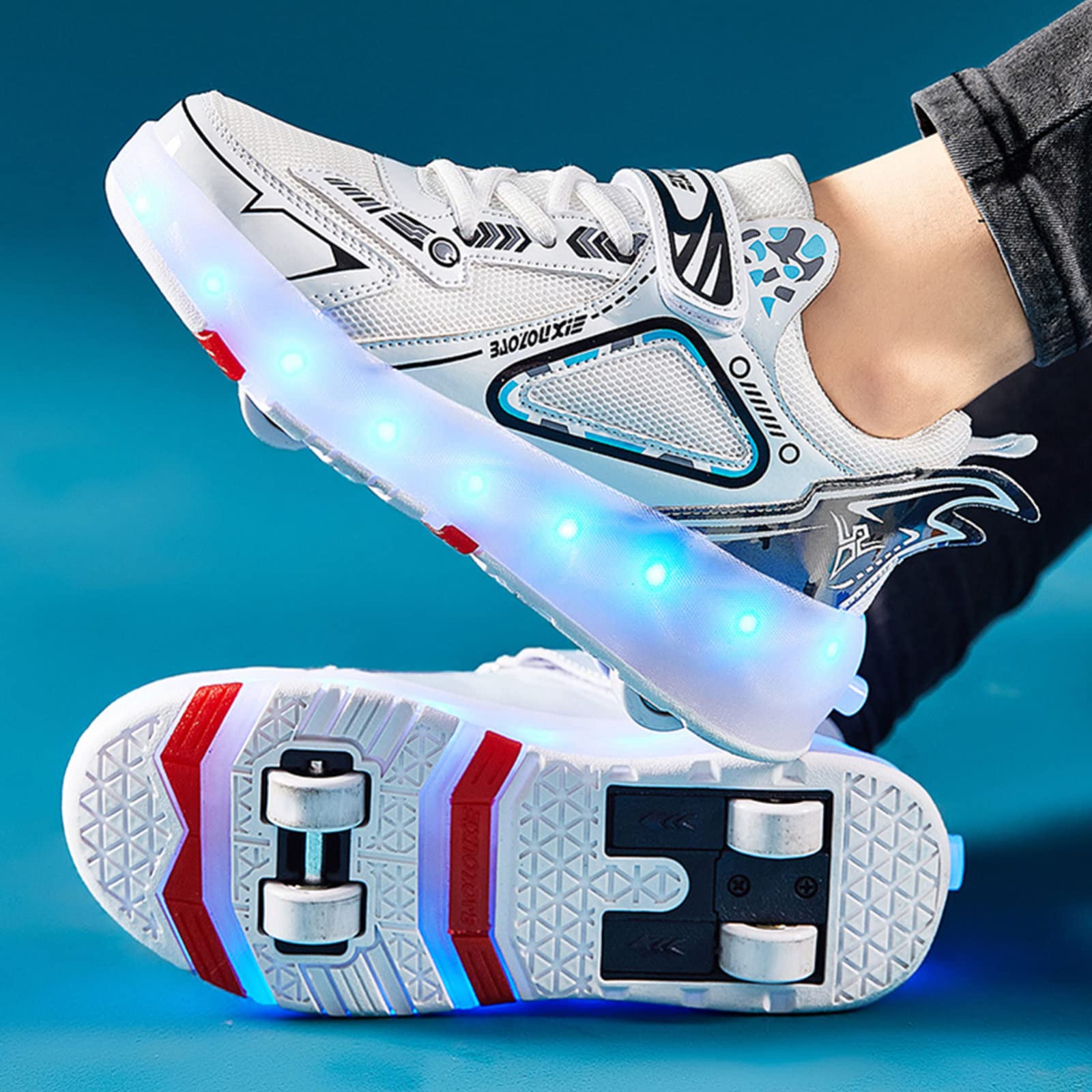 Unisex dziecięce LED buty łyżworolki z dwurzędowym kółkiem świecące buty na kółkach prezent dla dziewcząt chłopców, świecące techniczne trampki do jazdy na deskorolce z ładowaniem USB, białe-5,5 UK