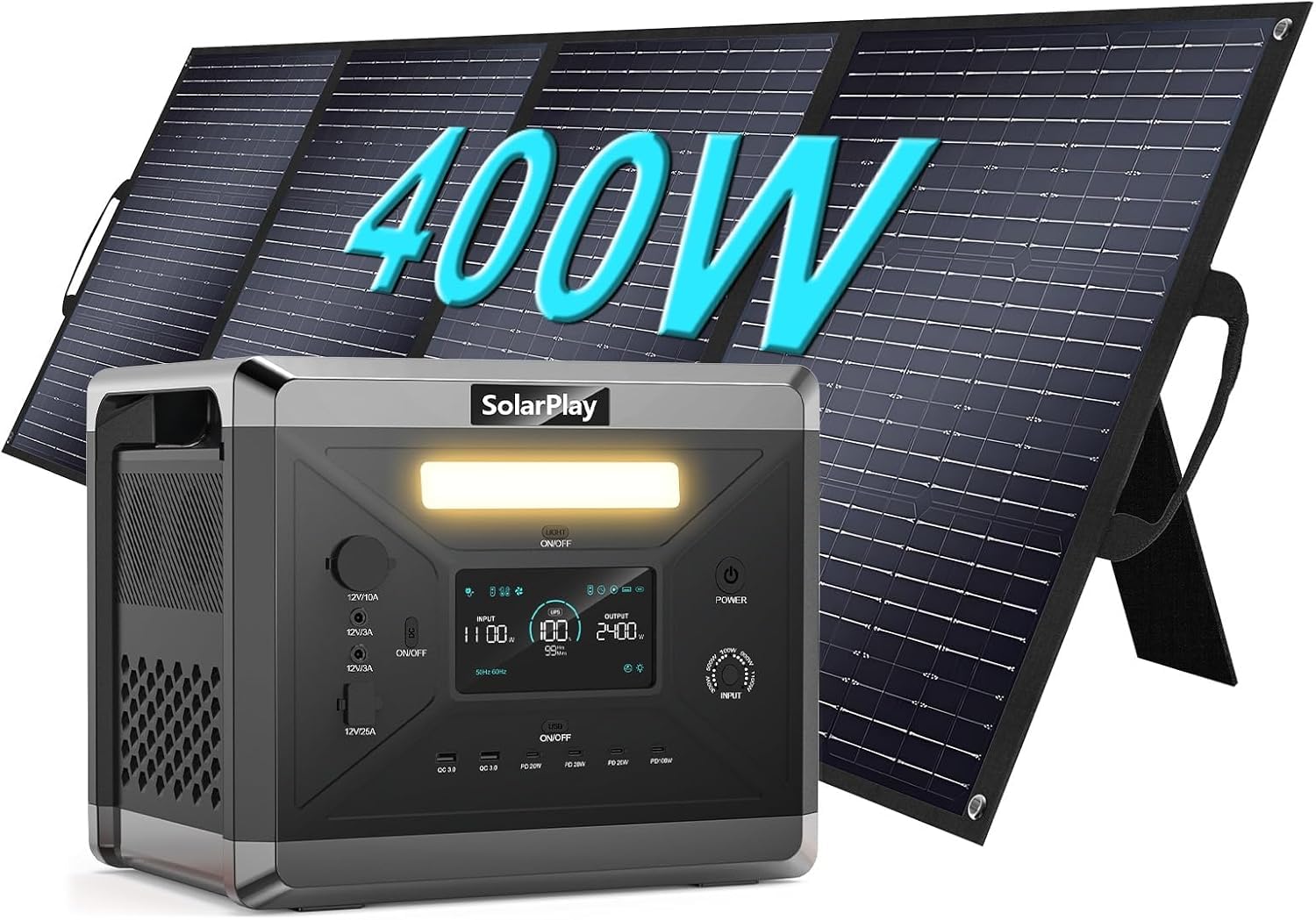 Estación de Energía Portátil SolarPlay Q2501, 2160Wh Batería LiFeP04, 100W USB-CSalida(12 puertos), Carga Completa Rápida 2h vía, Generador Solar para Exteriores, Camping, Emergencia (2400w+400w)