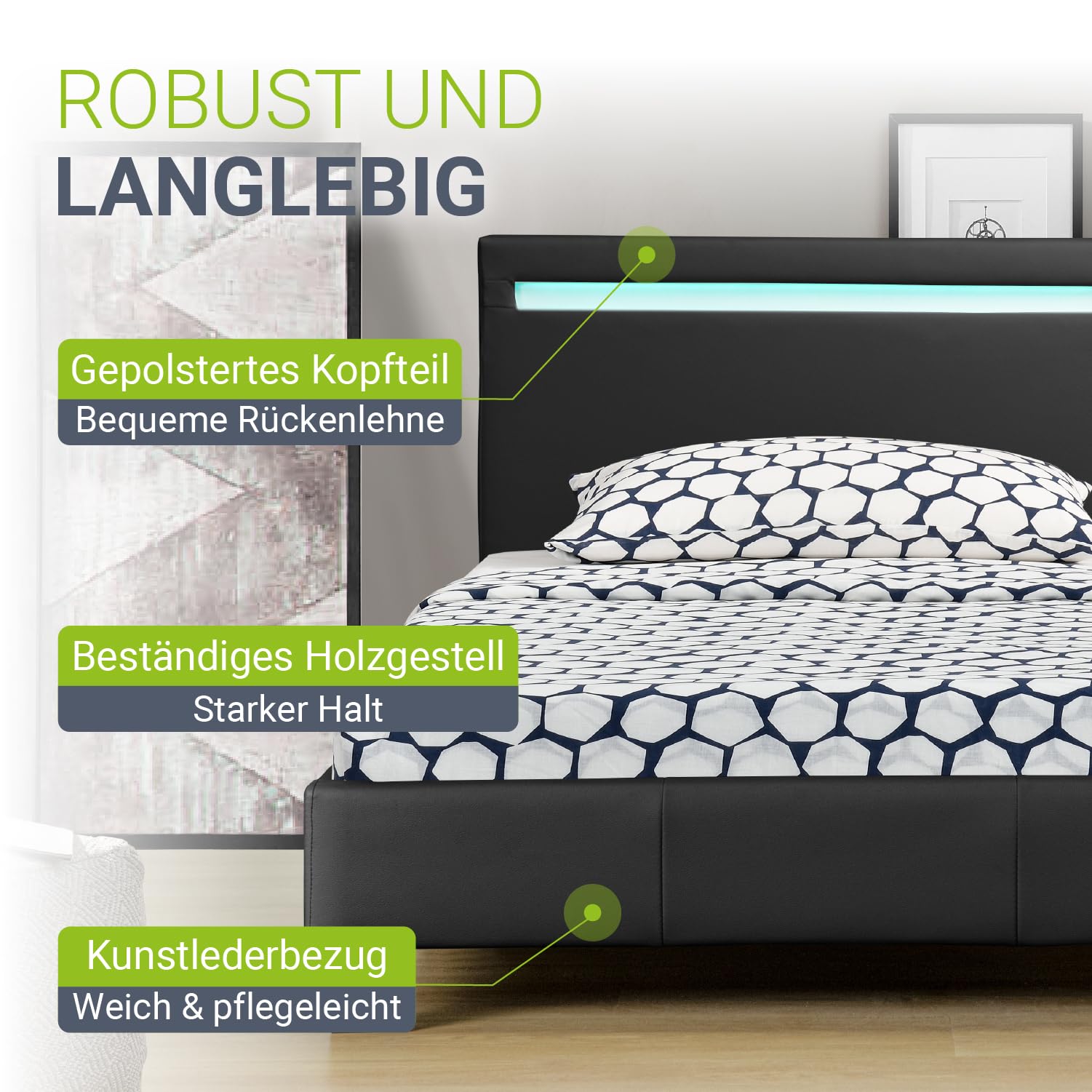Juskys Polsterbett Paris 120x200 cm - Bett komplett mit LED-Beleuchtung, Matratze und Lattenrost - Kunstleder Bezug - schwarz - Jugendbett