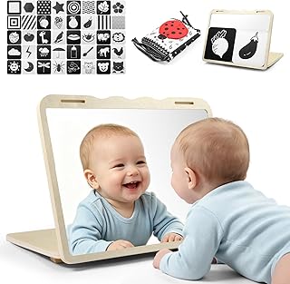 Tummy Time Toys with Real Mirror, Visual Stimulation Learning Cards and Soft High Contrast Black and White Baby Book for Newborn