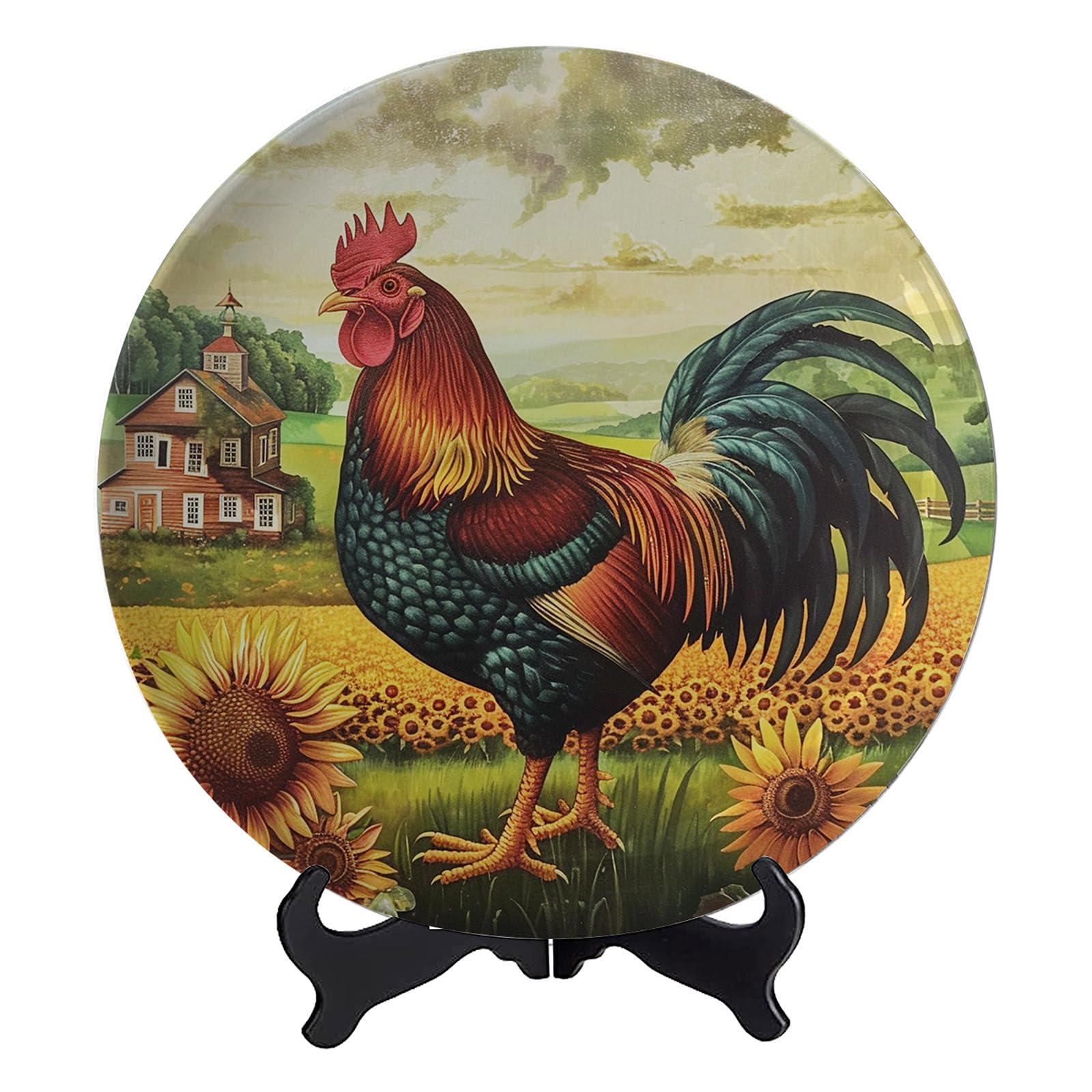Oksinity Farmhouse Sunflower Rooster Decorative Plate Art Decoration Handmade Ceramic Round with Display Stand for Home Parties Wedding Collection Decor Porcelain Plates - 10 Inches