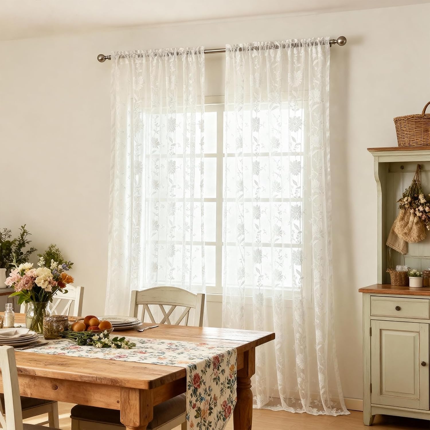 VOGOL Sheer White Curtains 84 Inches Long, Elegant Flower Pattern Voile Drapes for Bedroom, Country Style Light Filtering Window Treatment, 2 Panels, 52 x 84 Inches