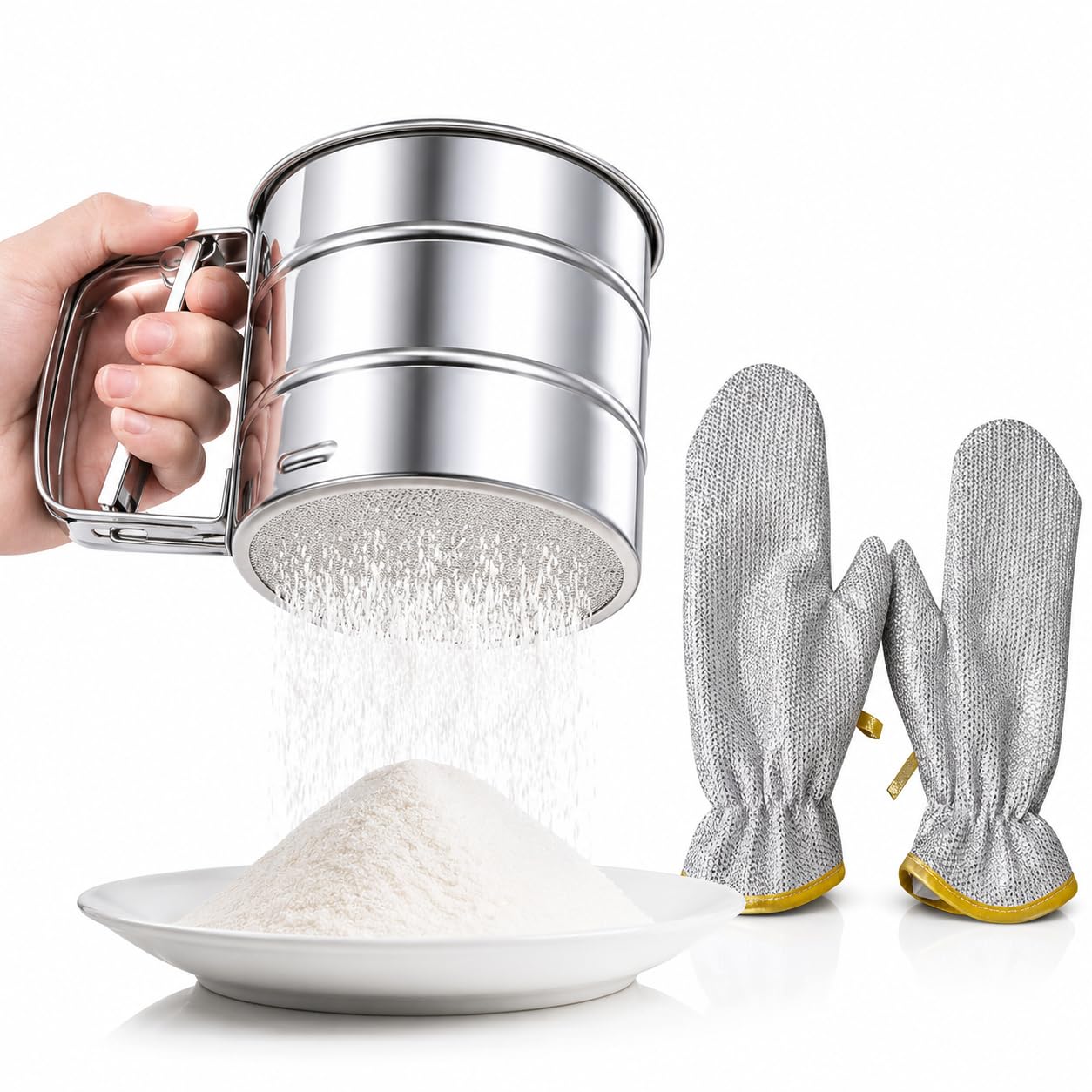 2 Pcs Set Flour Sifter Hand Press Stainless Steel, Atta Chalni for Kitchen, Fine Mesh Flour Sieve Sifter, Easy Press Flour Strainer for Baking, Durable Steel Sieve for Maida Atta-picture-19