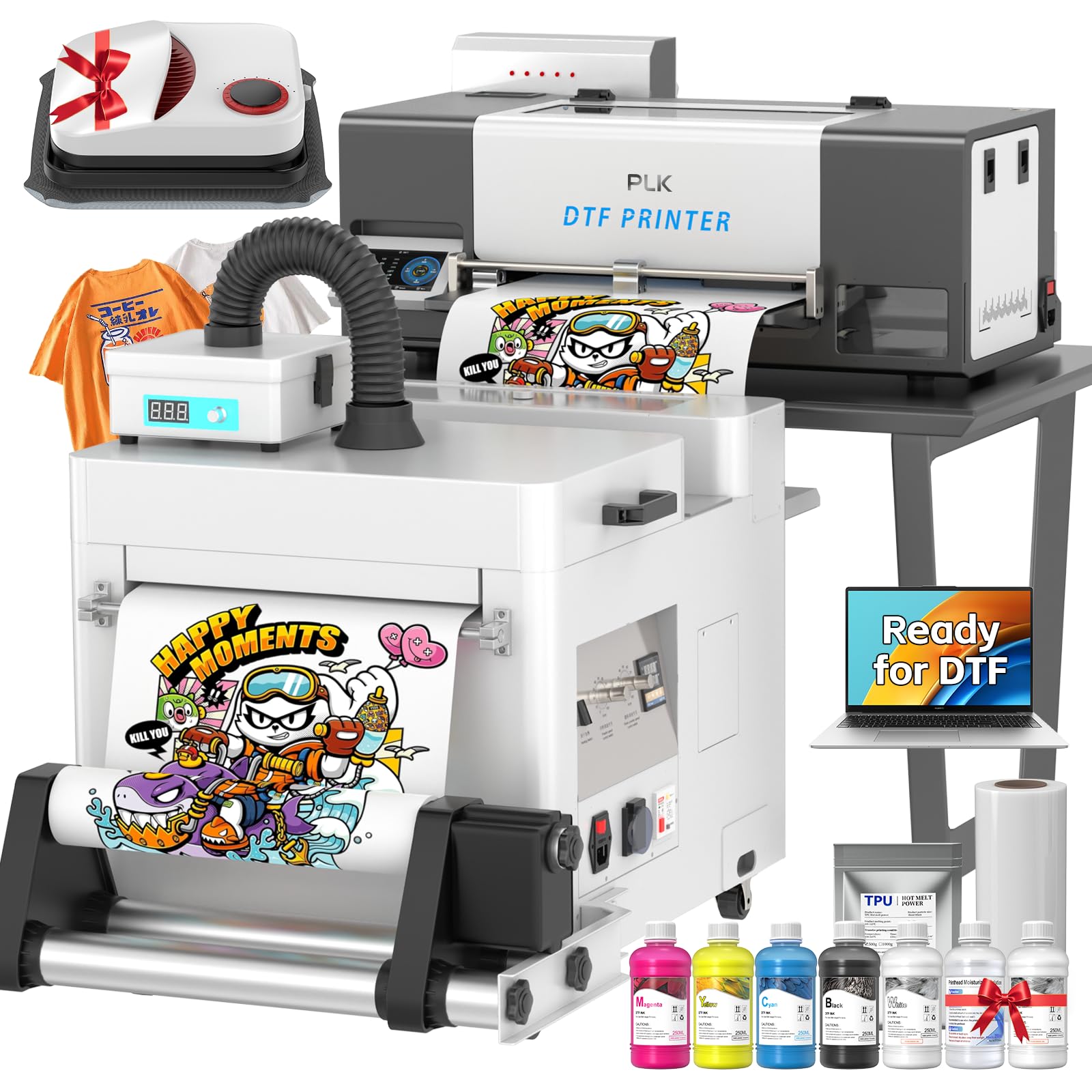 PLK A3 DTF Printer with Shaker Dryer&Purifier and Laptop,XP600 DTF Printer | Double-Speed, Auto-Cleaning, Dual White Ink System, Low Ink Alert, DTF Machine Custom Apparel Printing(2 Year ink include)