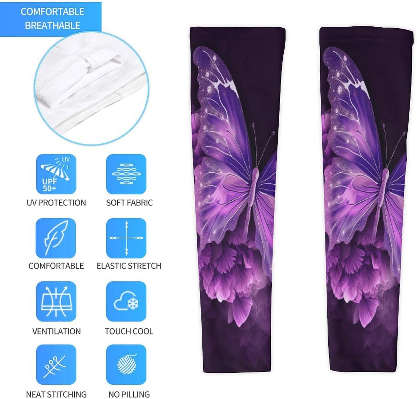 Sun Protection Arm Sleeves Cooling Compression Arm Covers 1 Pair | Beautiful Purple Butterfly Floral Sports Compression Sleeves Cooling Arm Sleeves for Cycling Golf Fishing Driving Hiking