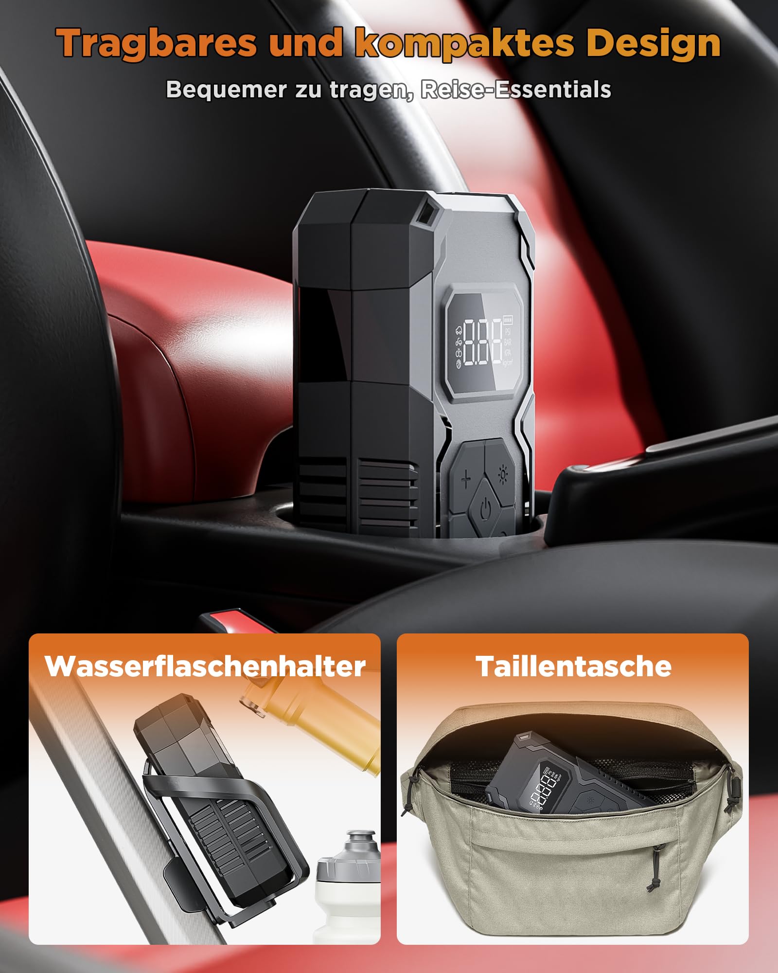 Elektrische Luftpumpe 150PSI Tire Inflator Portable, Akku Kompressor mit Manometer, Fahrradpumpe Elektrisch wiederaufladbar Reifenfüller für Auto, Fahrrad, Motorrad, Bälle, Schwarz