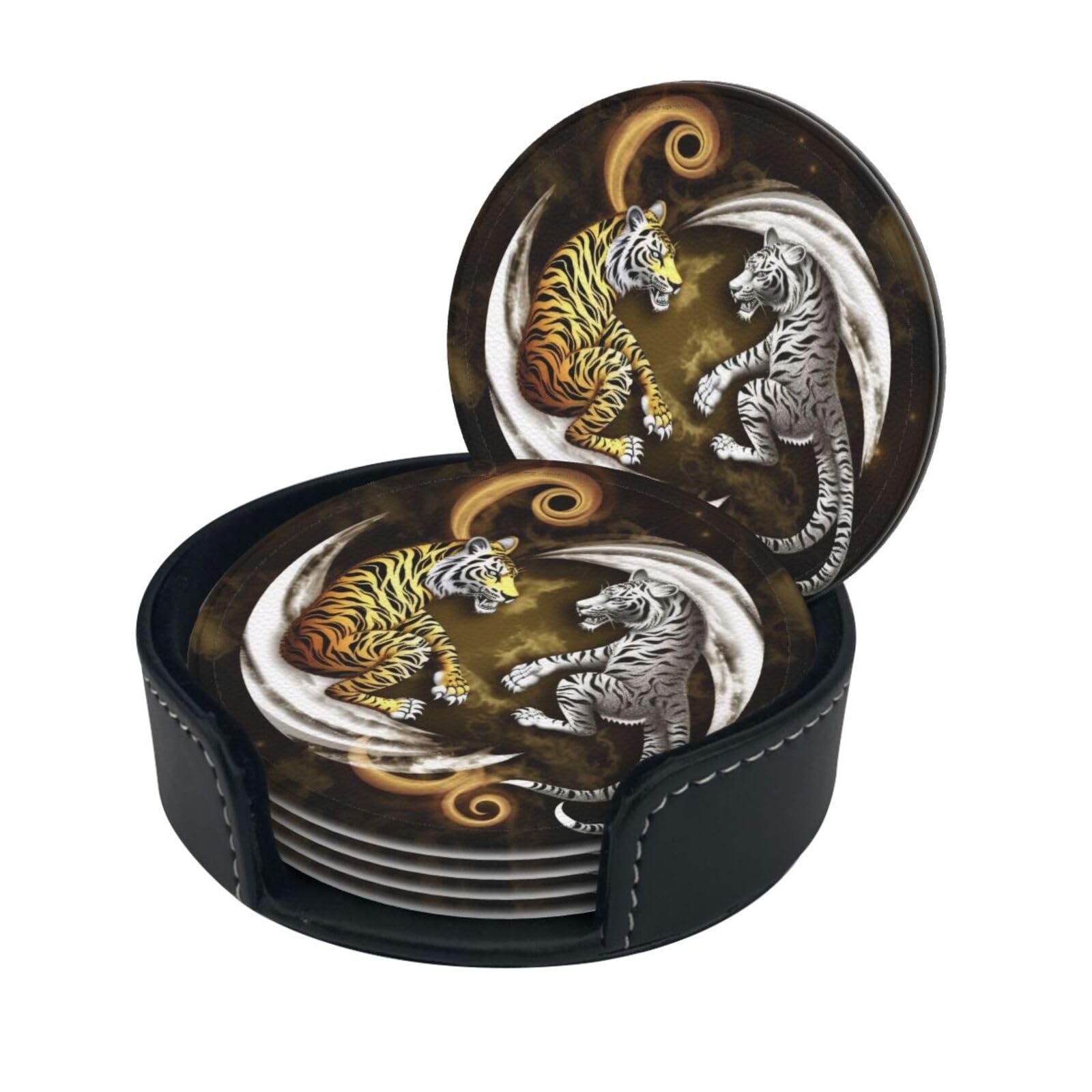 Stylish Coasters - Yin Yang Dragon Tiger Set of 6 Round Leather Drink Coasters with Holder - Perfect Size for Cups and Glasses