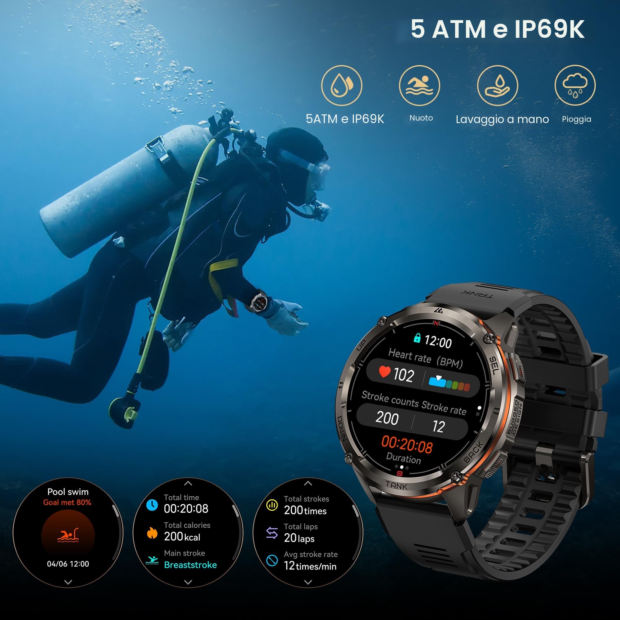 KOSPET Tank T3 Ultra 2 Smartwatch Uomo Rugged, Orologio Militare con GPS, Impermeabile 5 ATM, Schermo AMOLED HD da 1,43 Pollici, Oltre 170 Modalità Sportive, Compatibile con Android e iOS (Nero)