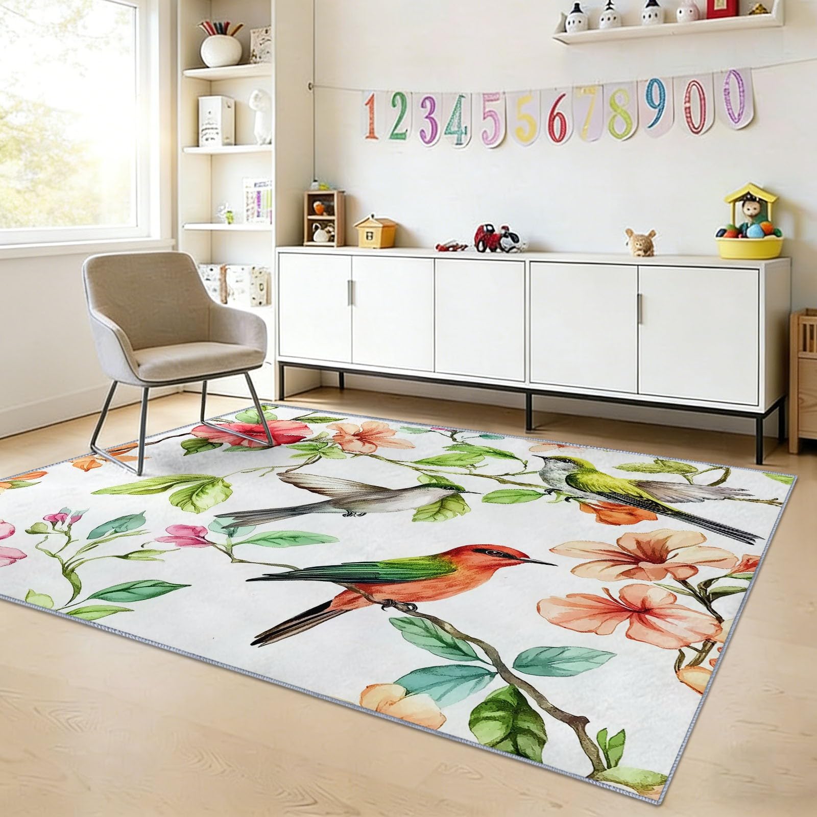 Dywan do salonu kwiaty ptaki gałązki 160 x 230 cm miękki prostokątny antypoślizgowy zmywalny krótki stos dywan, do salonu sypialni pokoju dziecięcego, biały