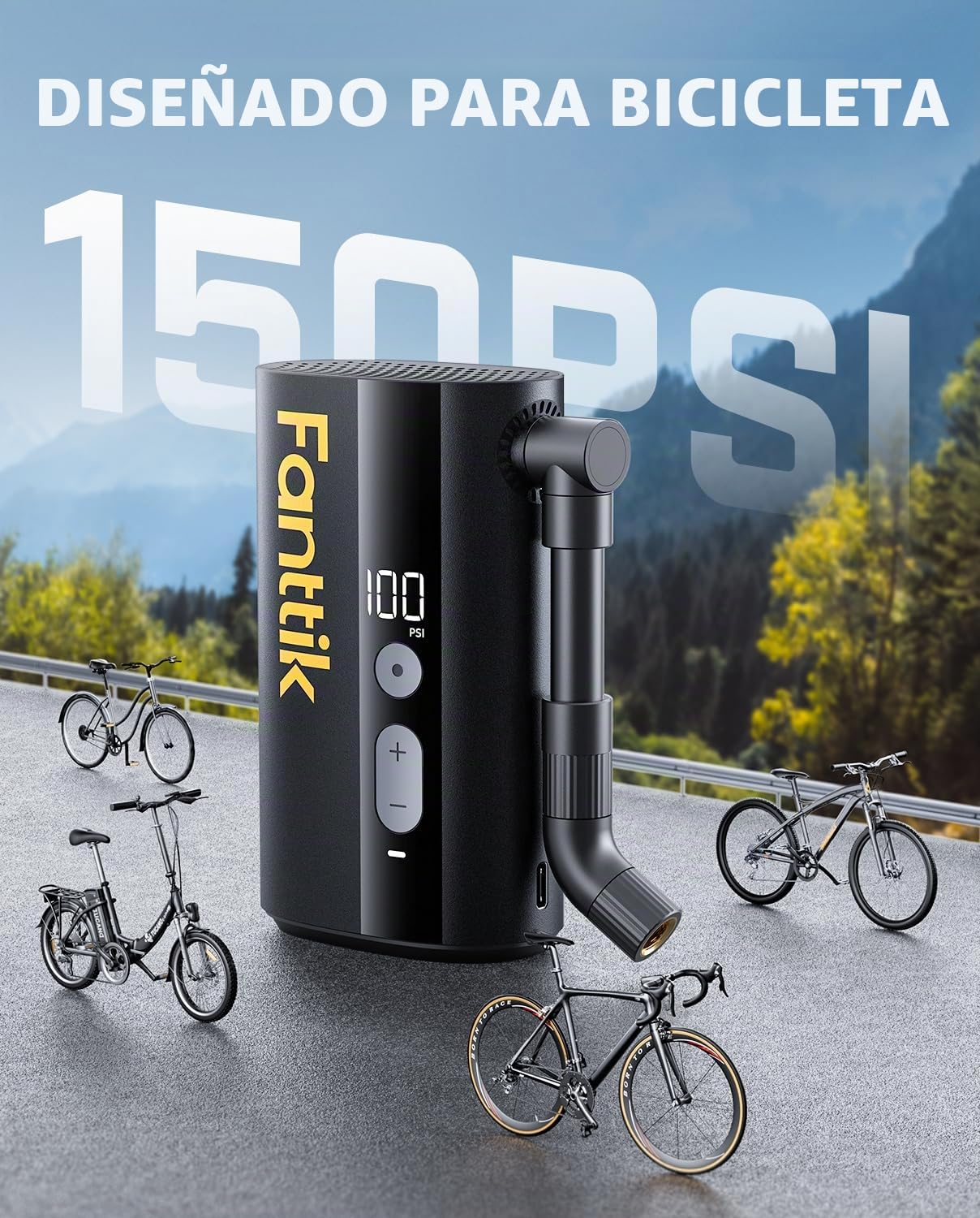 Fanttik X9 Ace Mini bomba de bicicleta, bomba de inflado rápido de 32 segundos con calibre, bomba de aire eléctrica de 150 PSI con válvula Presta y Schrader, adecuada para bicicleta de montaña