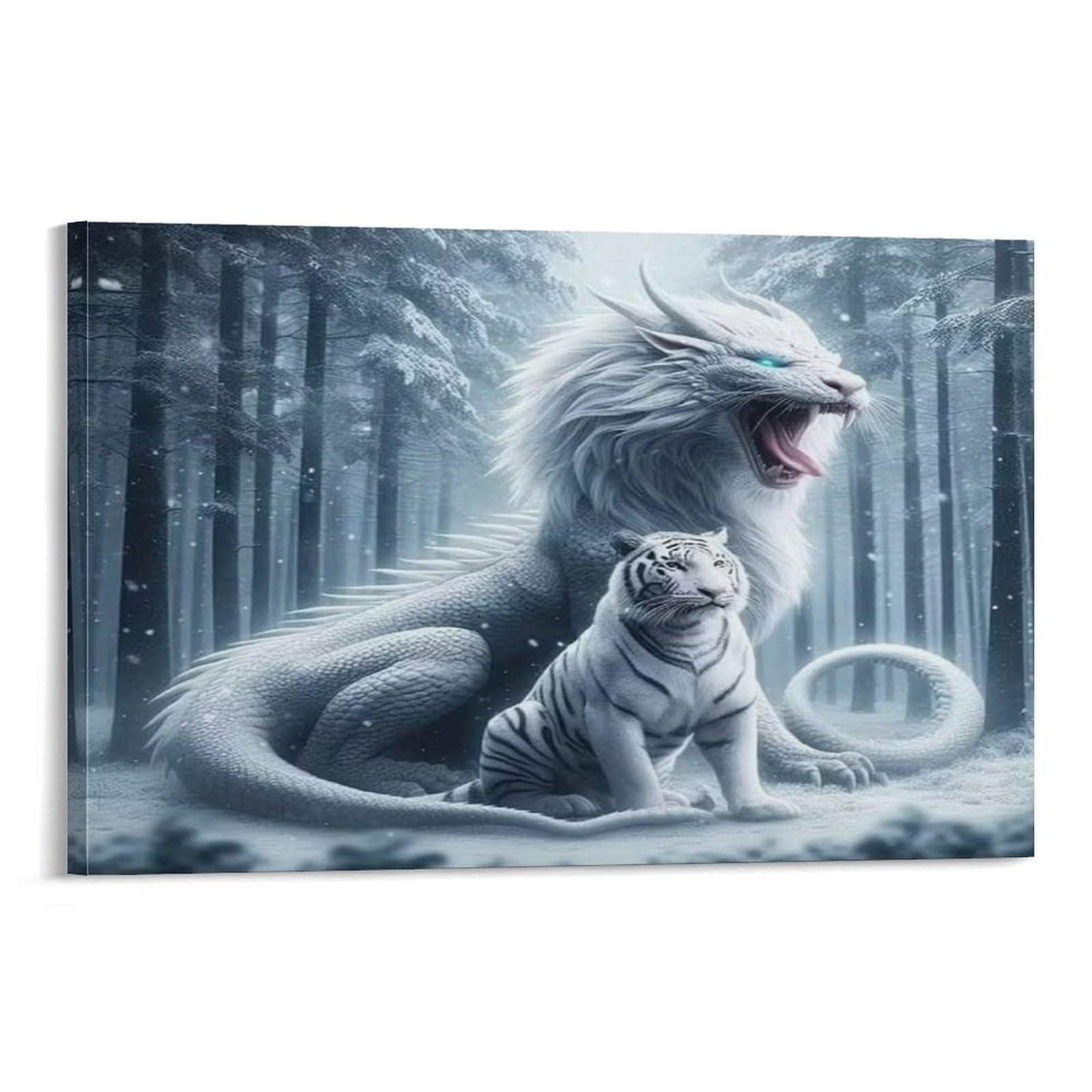 CPLVKWRQJ Snowy Forest with White Dragon And Tiger 1 Piece White Myth Dragon Little Tiger Snowy Woods Framed Canvas Print - Living Room Focal Point Ready to Hang Gallery Wall Decor 08x12inch(20x30cm)