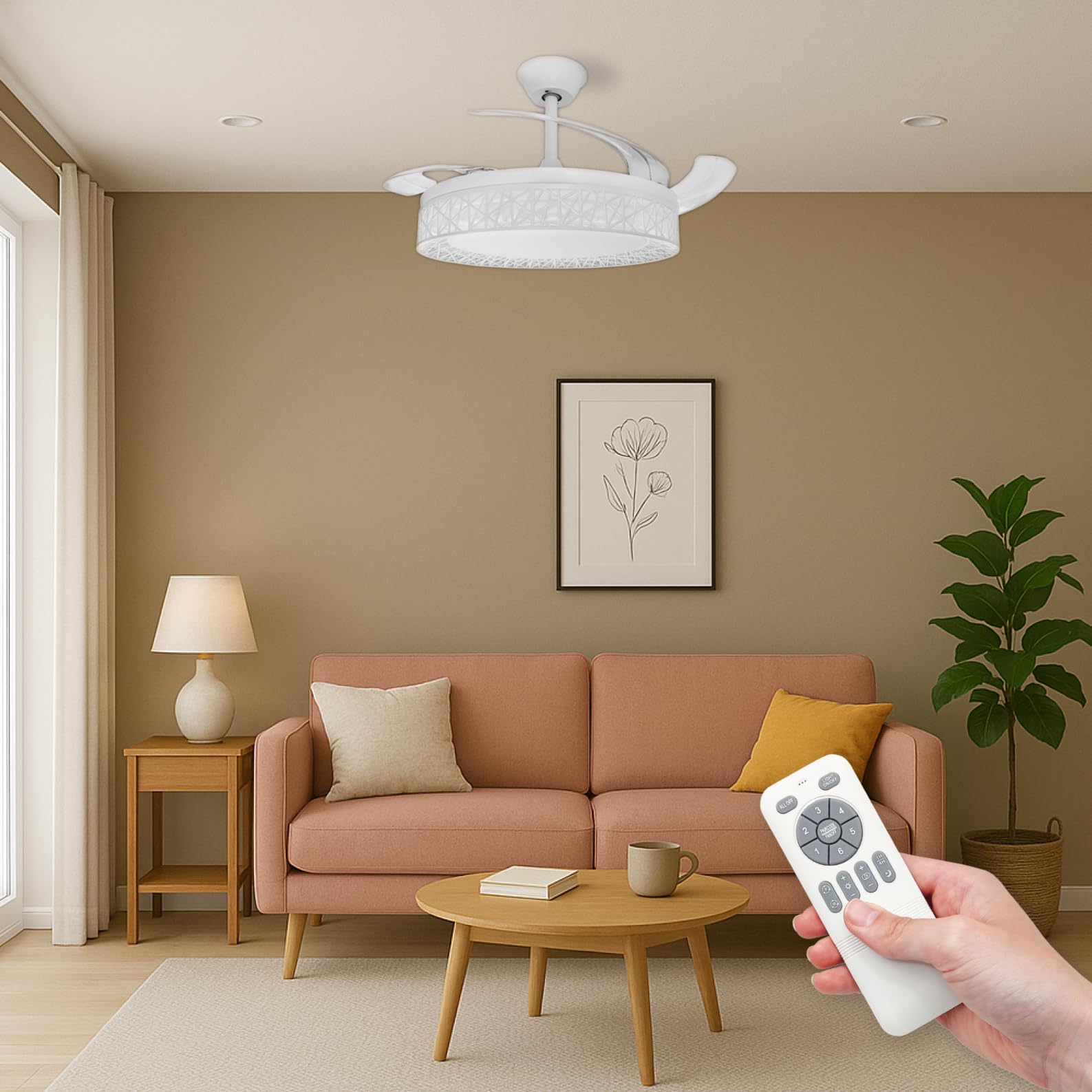 LED ATOMANT Ventilador de Techo con Luz LED 40W, Motor DC 32W, Ø 109cm, CCT, Regulable, 4100LM, 4 Aspas Retractiles, 6 Velocidades Silencioso y Bajo Consumo, Modo Verano Invierno, Con Mando