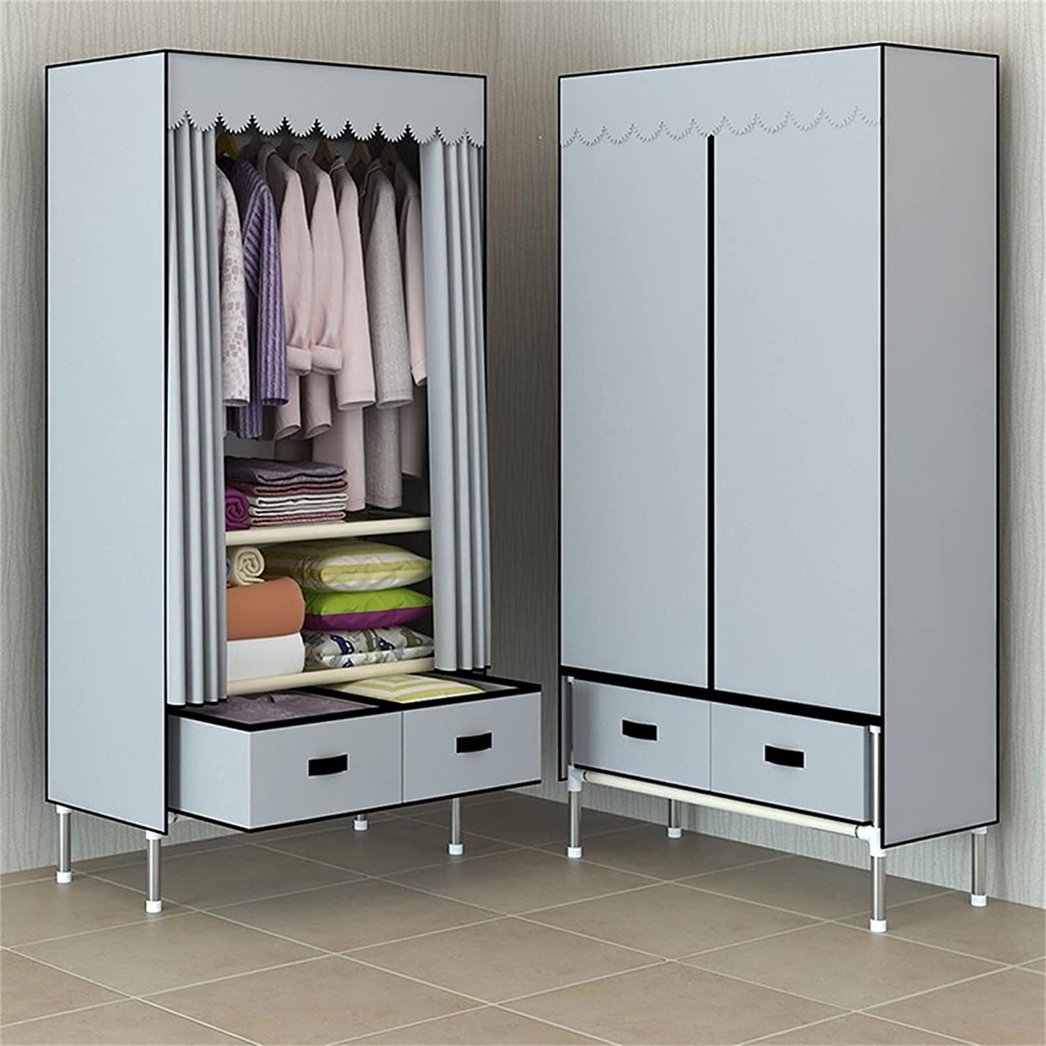 EsEntL Armario portátil Armario de Tela Armario Individual, Armario de Metal para Dormitorio, Suspensión, Riel para Ropa, Caja de Almacenamiento con ensamblaje de cajones Armario de Tela Gris, 168