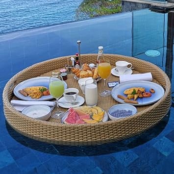 Rattan Floating Tray Handmade Light Luxury Serving Tray Pool Accessories for Adults Beach Water Breakfast Plate Pool Drink Holder Cookouts,Apricot-60CM