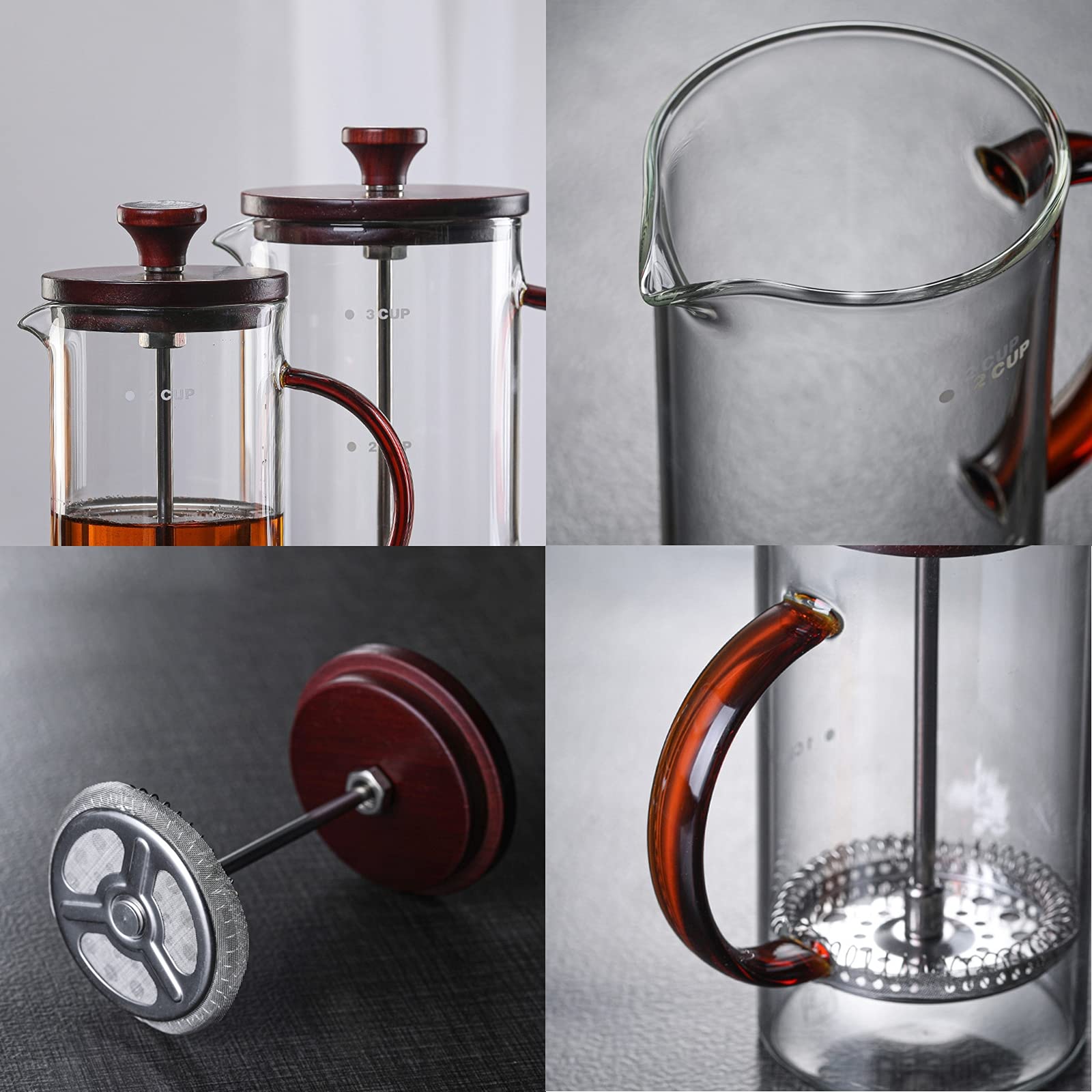 Zaparzacz do kawy French Press - Praska do kawy - Szklany zaparzacz do kawy Cold Brew - 3-warstwowy system filtracji dla dobrej kawy w domu i biurze, mahoń, 800 ml