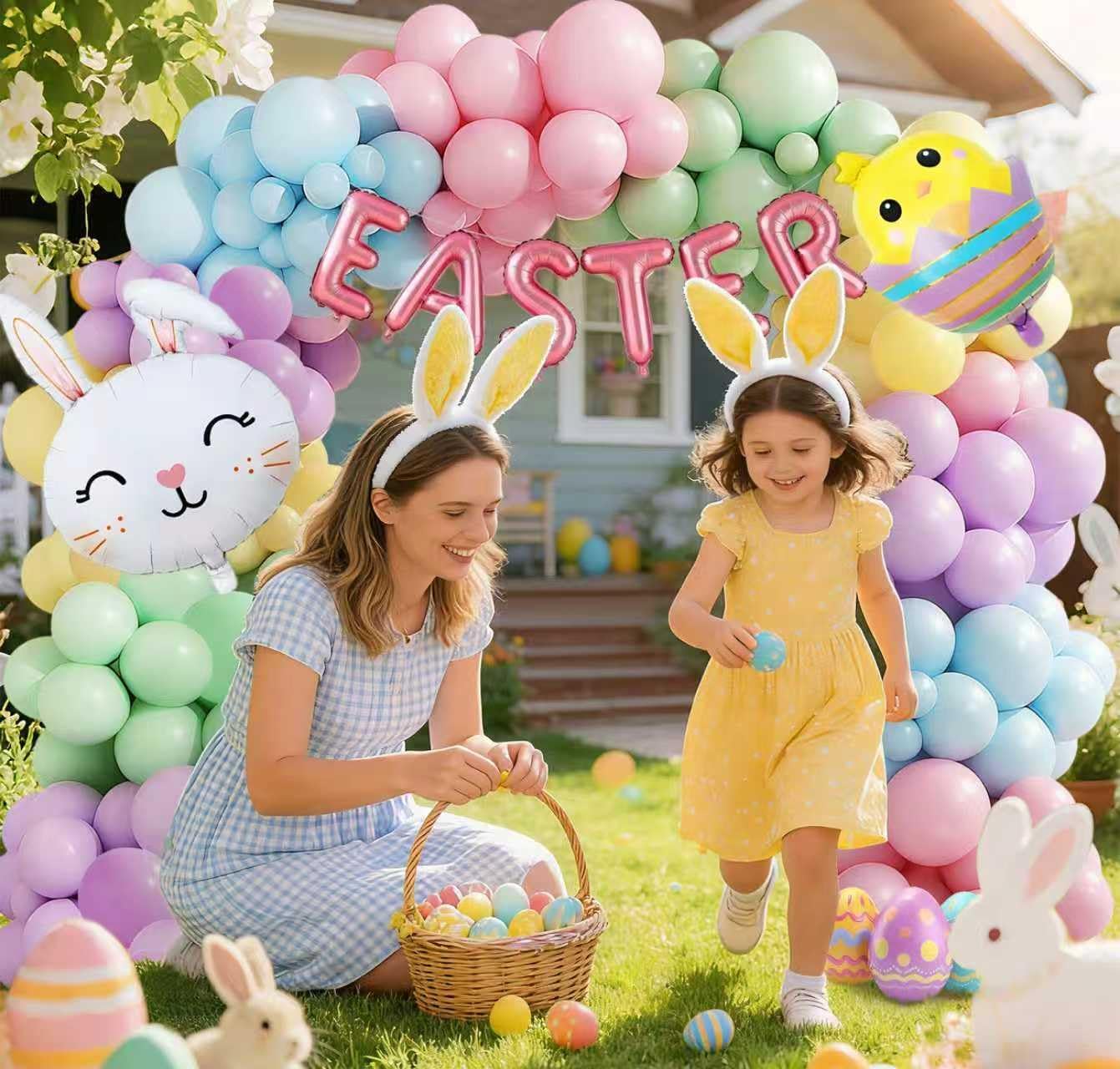 Easter Balloon Garland Arch Kit 134pcs Pastel Rainbow balloons with Foil Eater Egg & Bunny Balloons for Happy Spring Easter Birthday Baby Shower Wedding Gender Reveal Decor